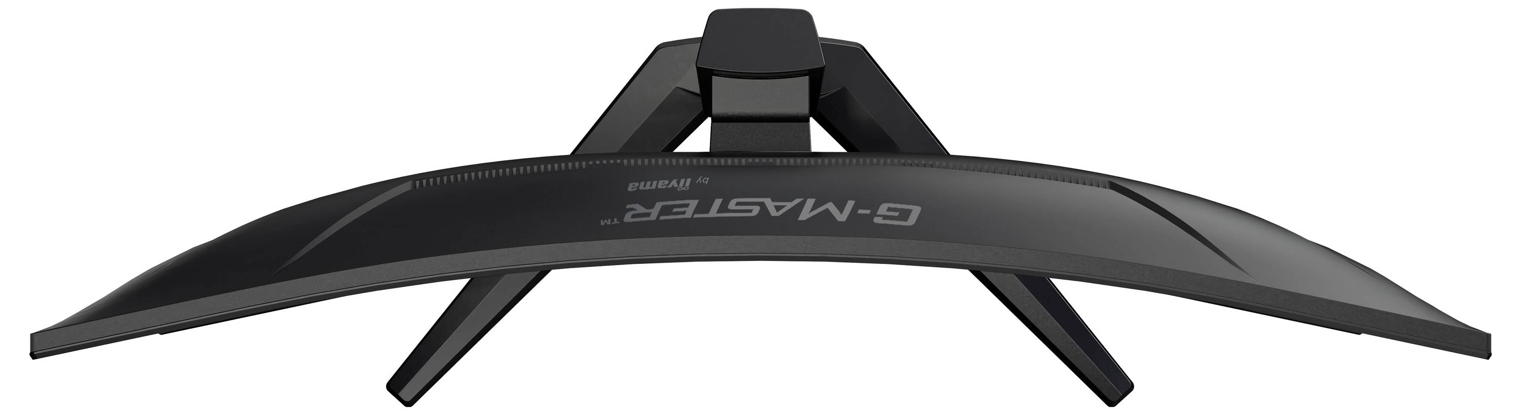 Gekrümmter Gaming-Monitor von oben betrachtet, der sein elegantes Design und seinen schwarzen Ständer zur Schau stellt.