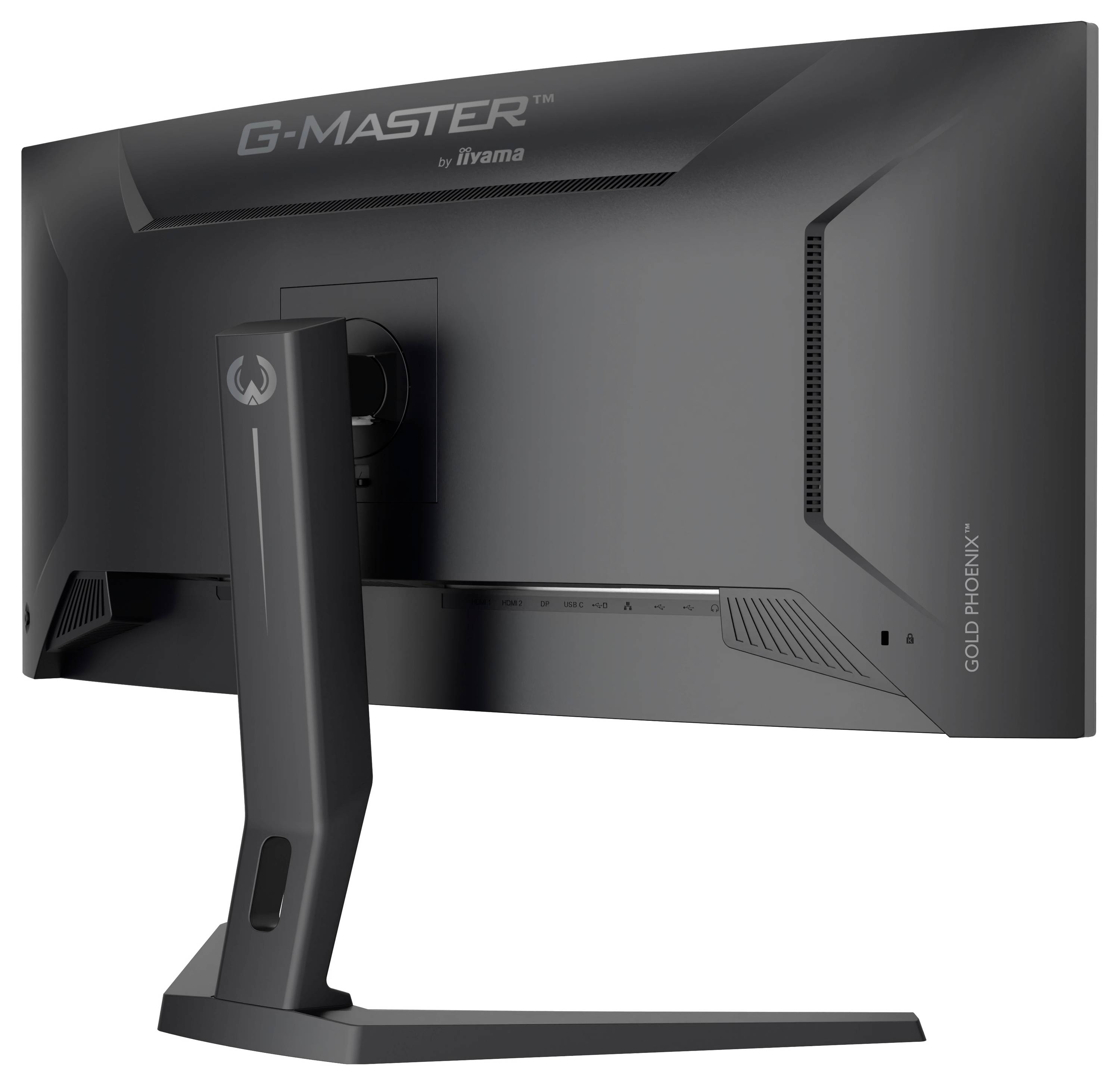 Ein schwarzer G-Master Gold Phoenix Computer-Monitor von iiyama, von hinten gezeigt, mit einem robusten Ständer und elegantem Design.