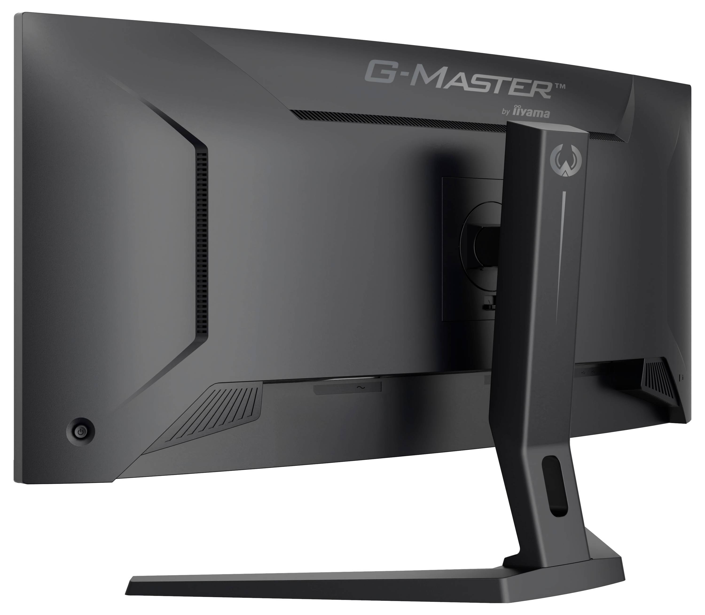 Ein schwarzer Computermonitor von hinten betrachtet, mit modernem Design und eckigem Ständer. Die Markenbezeichnung 'G-Master' ist oben sichtbar.
