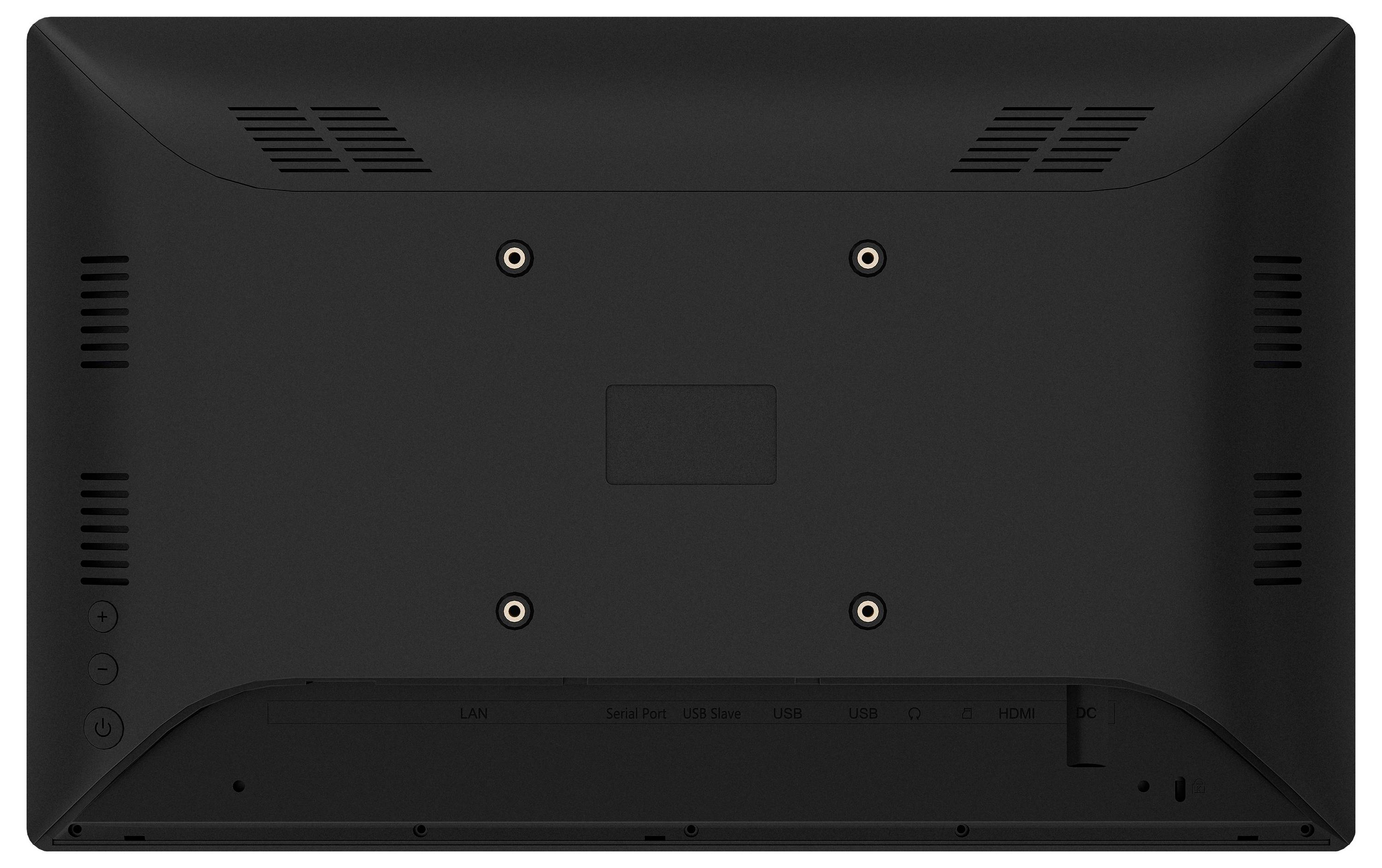 Das Bild zeigt die Rückansicht eines Flachbildfernsehers mit Befestigungslöchern und Belüftungsgittern auf einer schwarzen Oberfläche.