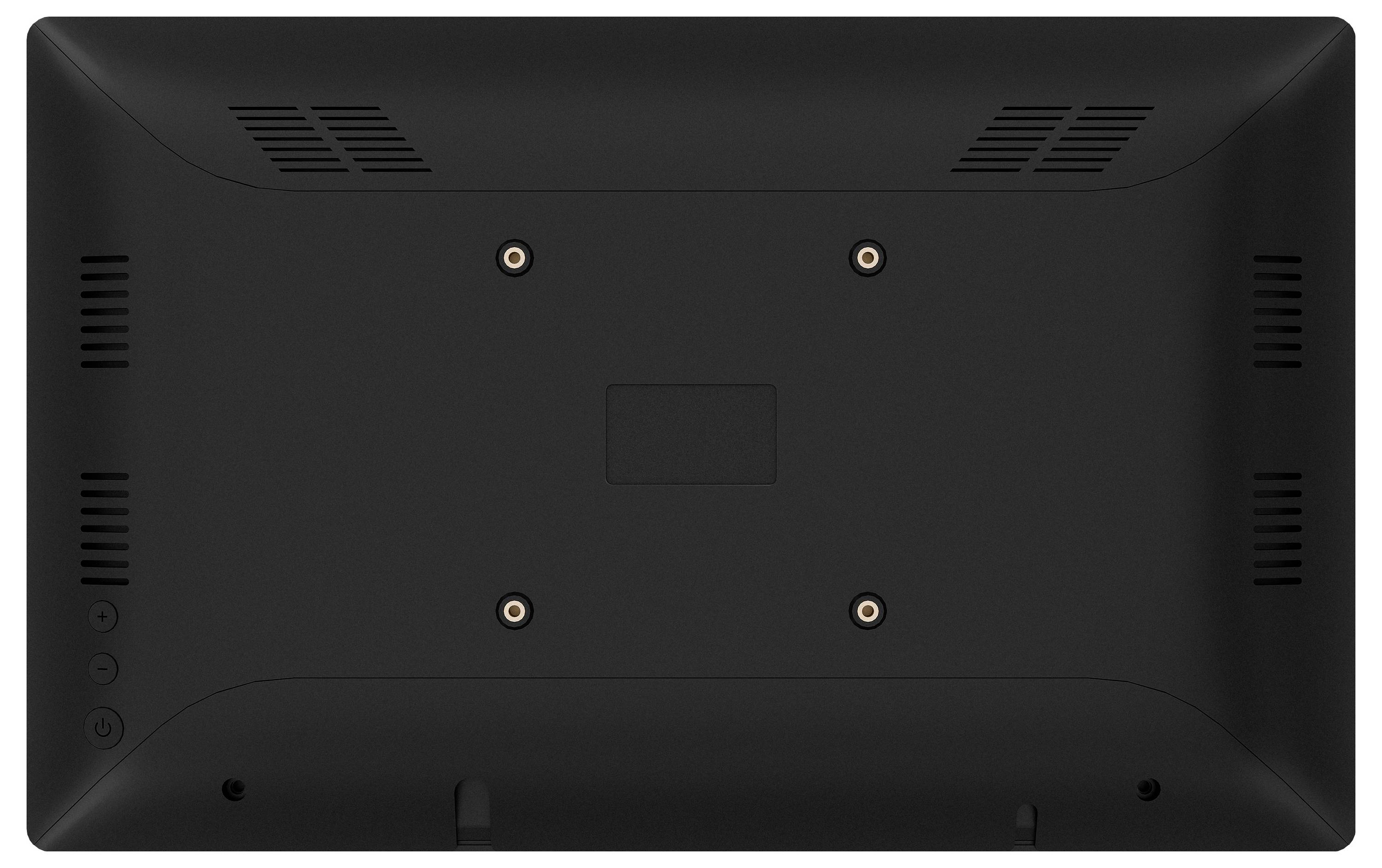 Ein weißer iiyama-Monitor von hinten, der den Ständer und den Montagebereich zeigt.