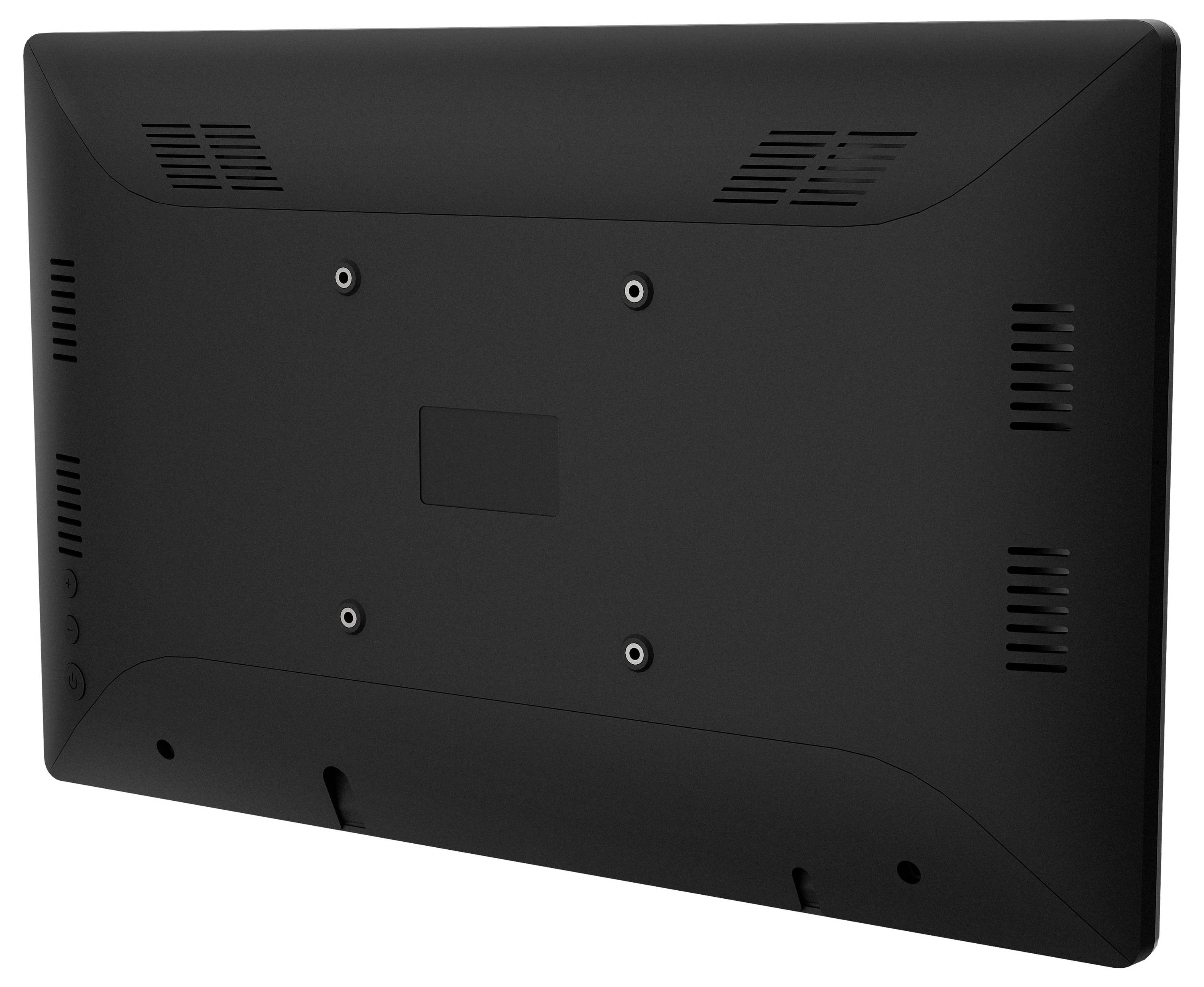 Rückansicht eines Flachbildfernsehers mit Befestigungslöchern, Belüftungsgittern und Bedienungstasten an der Seite.