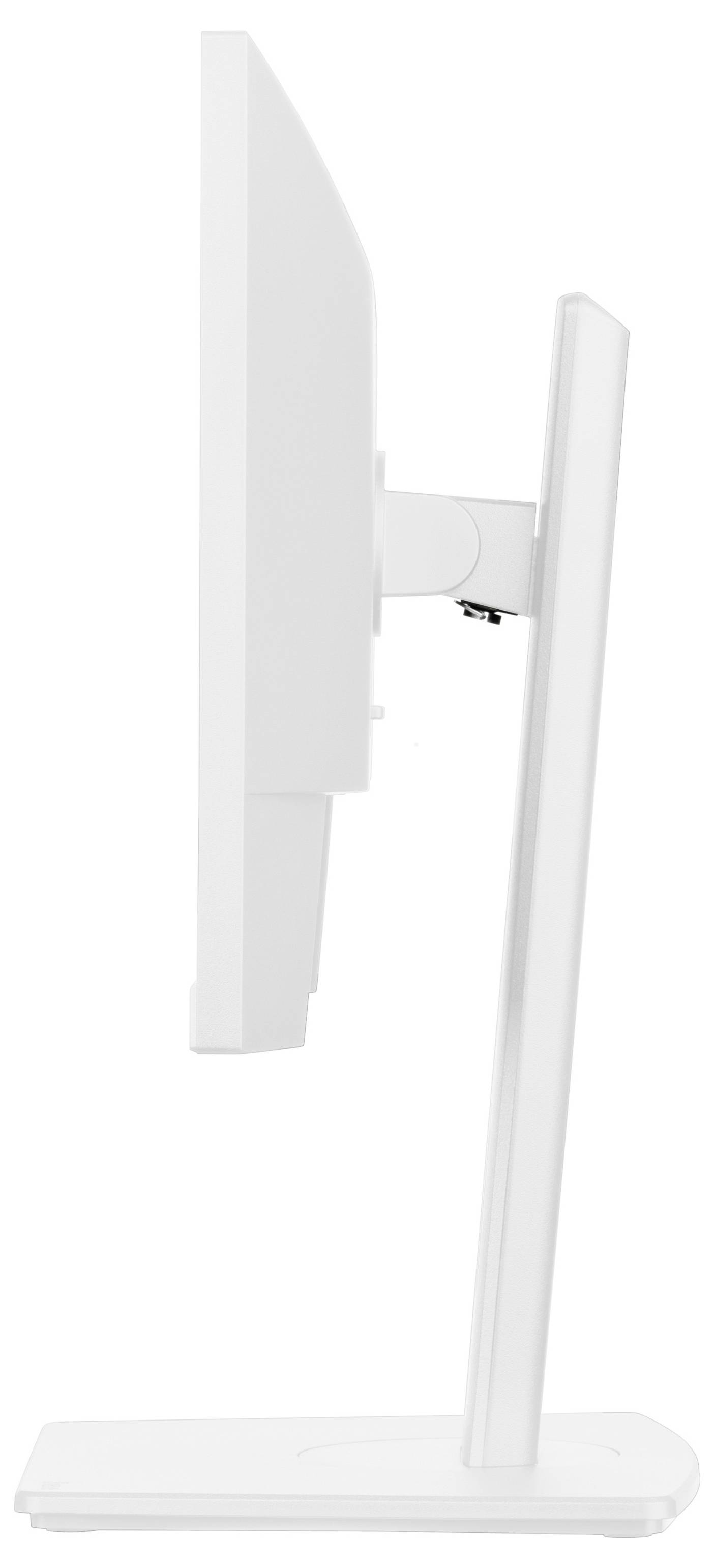 Ein weißer flacher Computermonitor aus der Seitenansicht, der sein schlankes Profil und seinen verstellbaren Ständer zeigt.