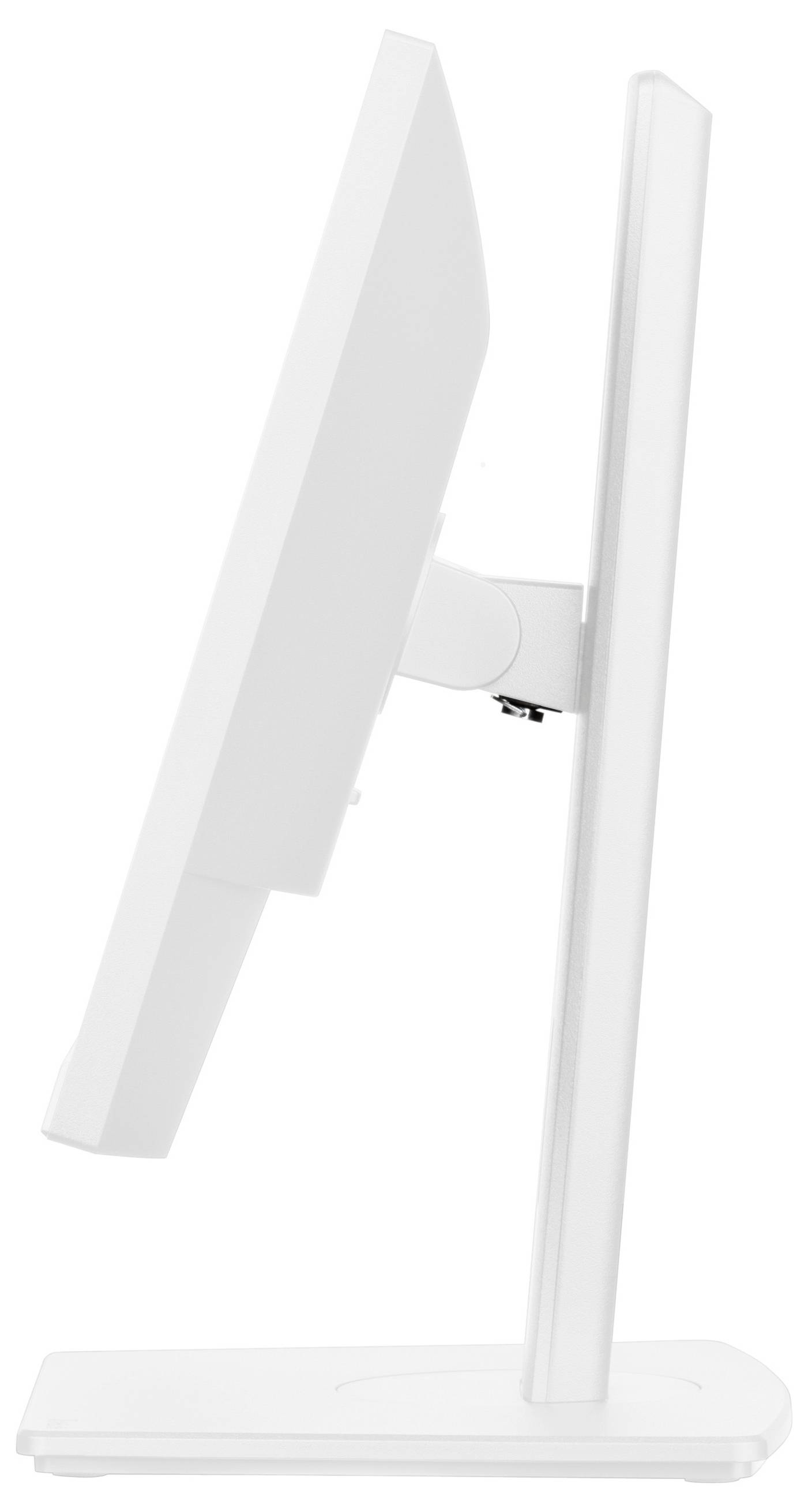 Eine Seitenansicht eines schlanken, modernen weißen Computermonitors mit rechteckigem Sockel. Der Bildschirm ist auf seinem Ständer leicht nach hinten geneigt.