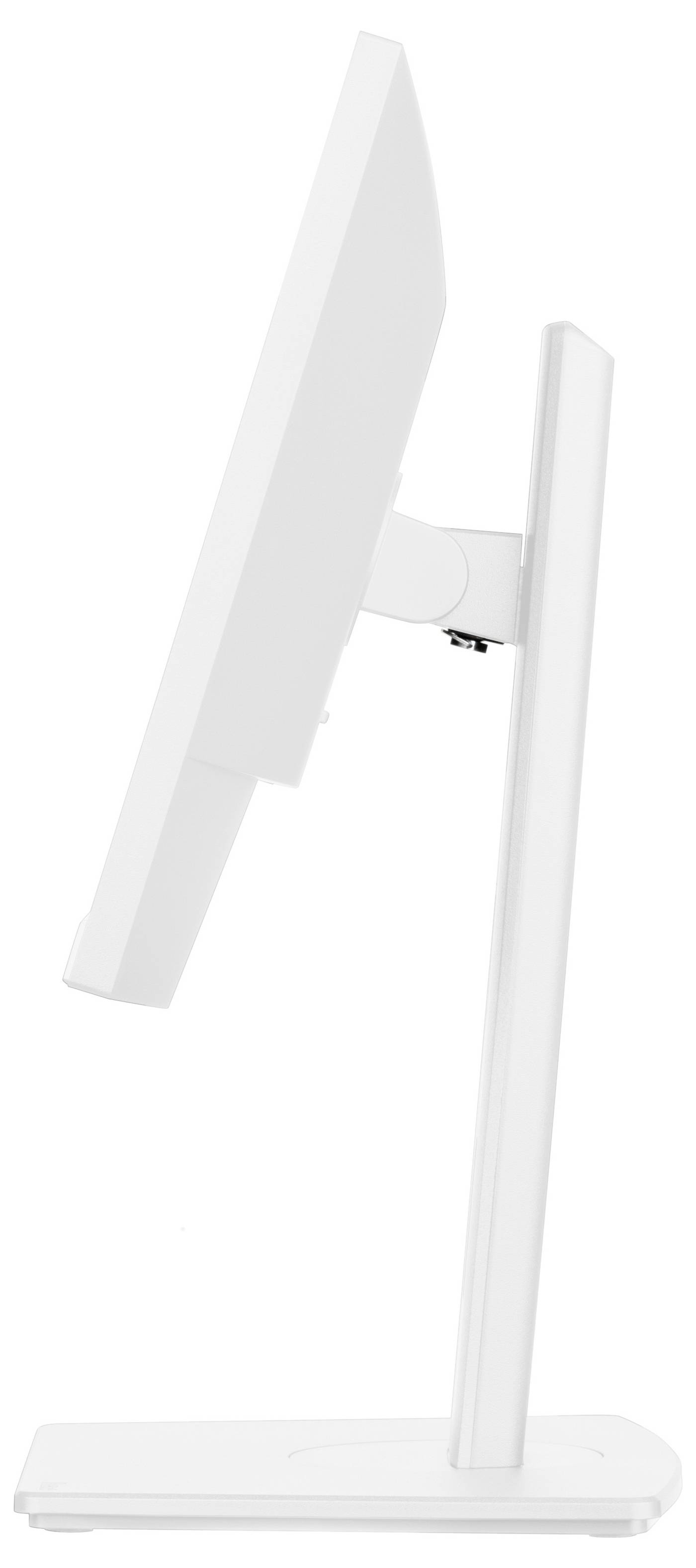 Seitenansicht eines eleganten, modernen, weißen Computermonitors mit schmalem Profil auf einem passenden Ständer. Der Bildschirm ist vertikal mit minimalem Design.