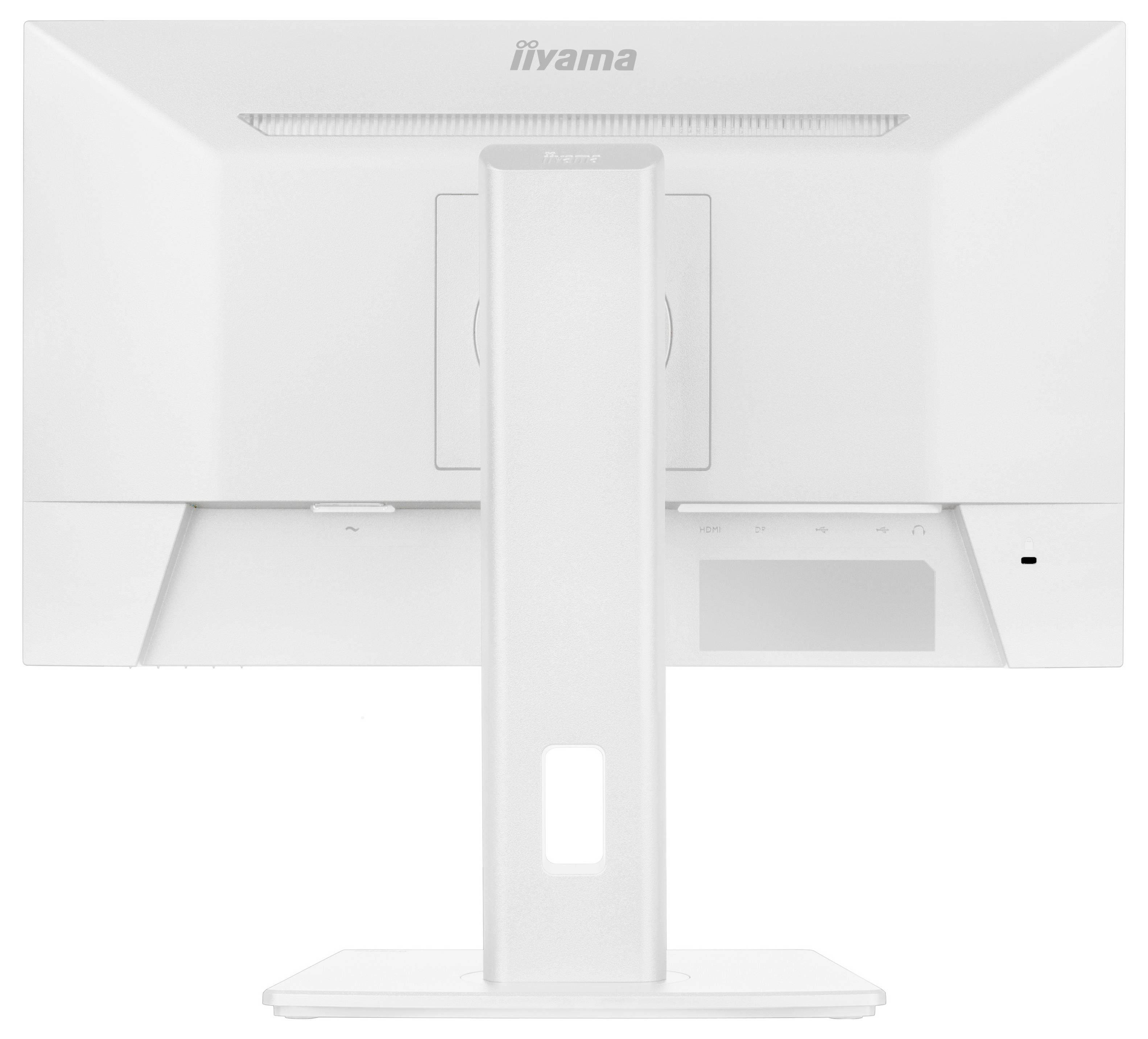 Das Bild zeigt die Rückansicht eines weißen iiyama-Computermonitors mit einem vertikalen Ständer und Steuertasten auf der unteren rechten Seite.