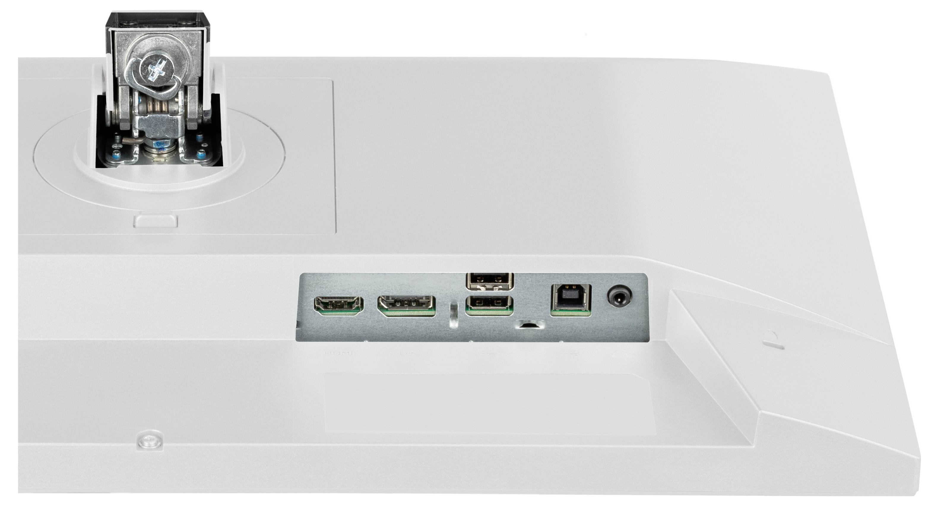 Rückansicht eines Computermonitors mit HDMI-, Ethernet-, nummerierten USB-Anschlüssen und einem Stromanschluss auf einem eleganten weißen Panel.