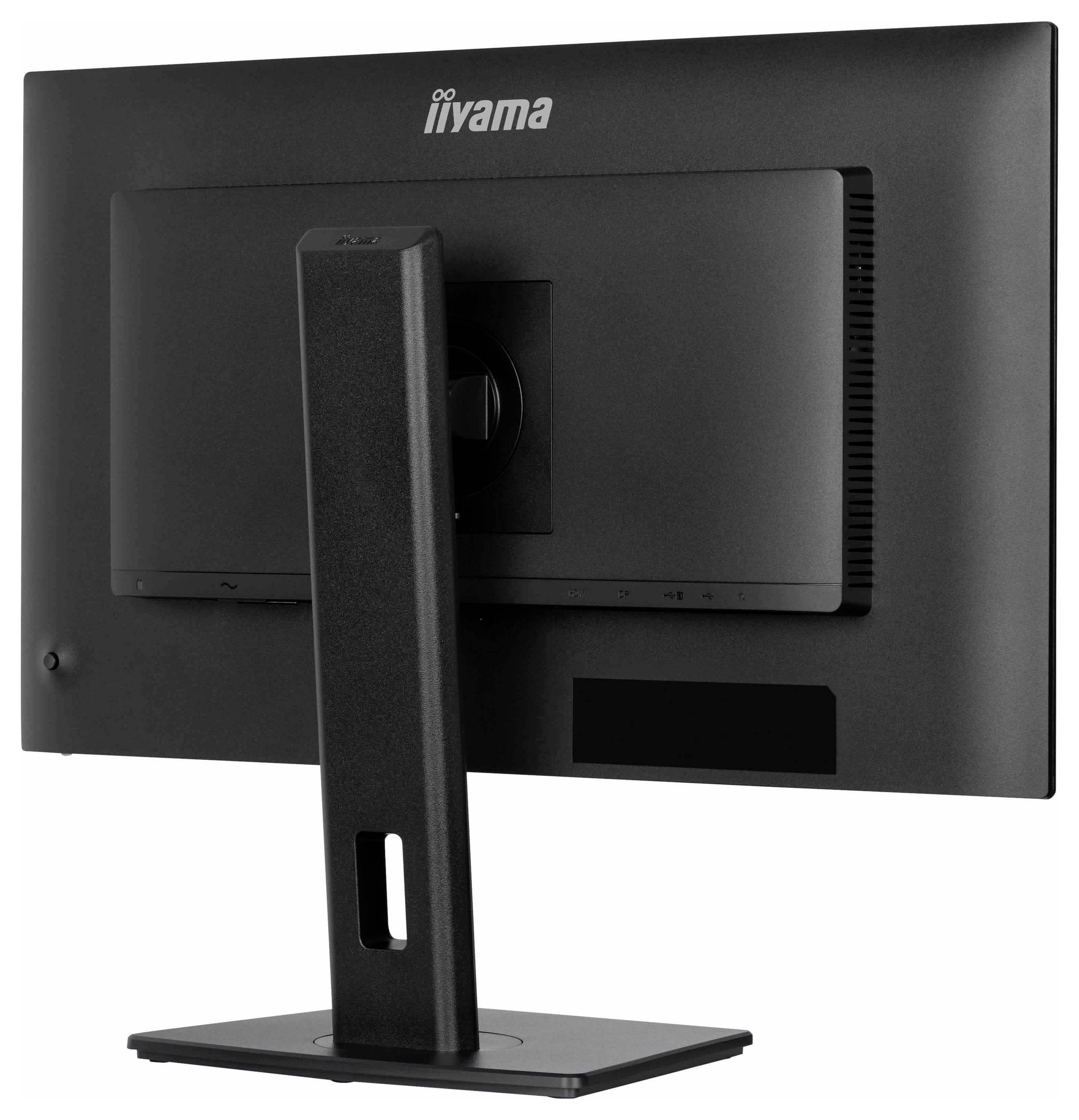 Ein schwarzer Computermonitor von hinten betrachtet, auf einem quadratischen Ständer platziert. Er zeigt ein sichtbares Markenlogo in der Mitte oben.