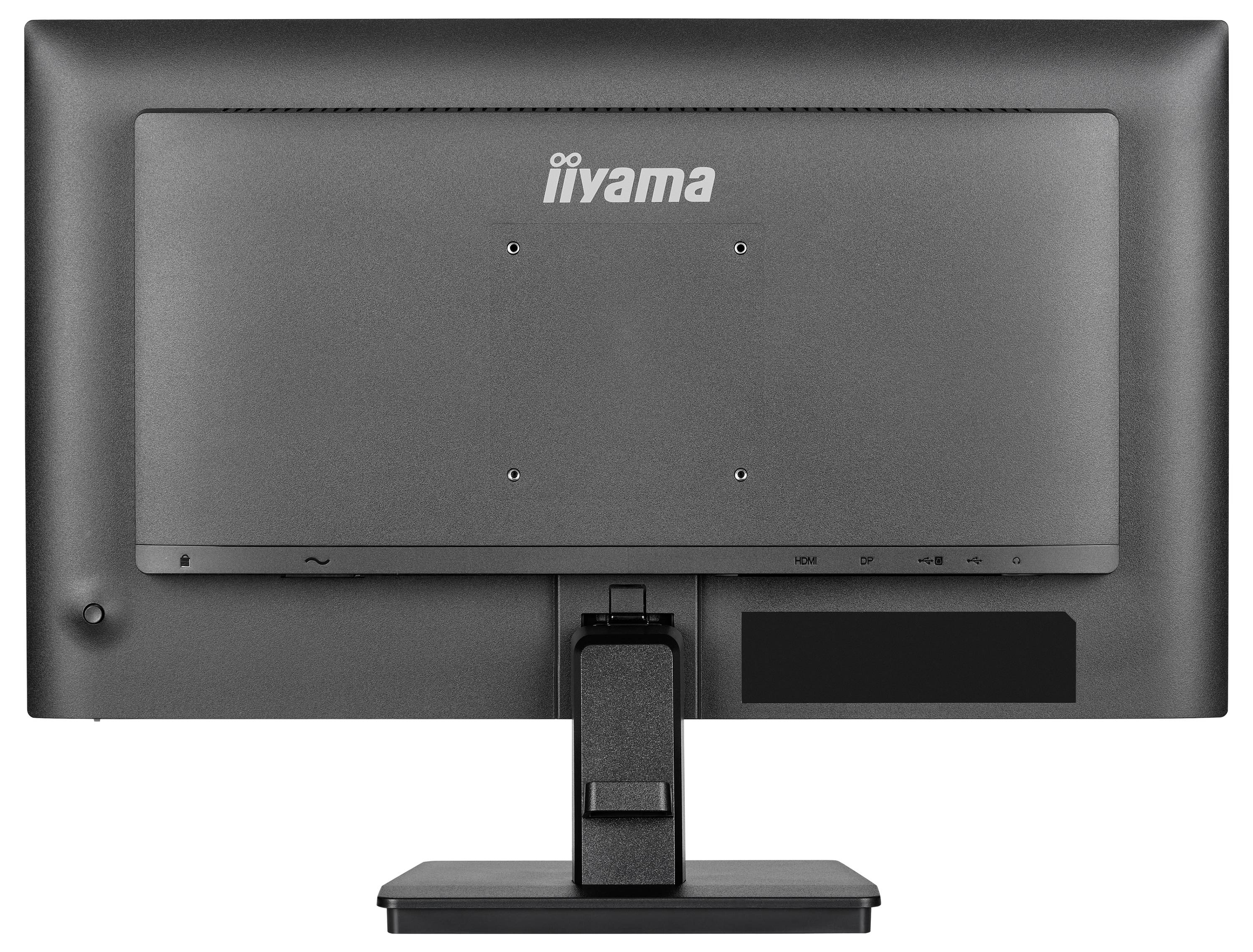 Das Bild zeigt die Rückseite eines grauen Computermonitors mit dem Markenlogo. Der Ständer ist sichtbar, mit grundlegenden Bedienungstasten auf der Rückseite.