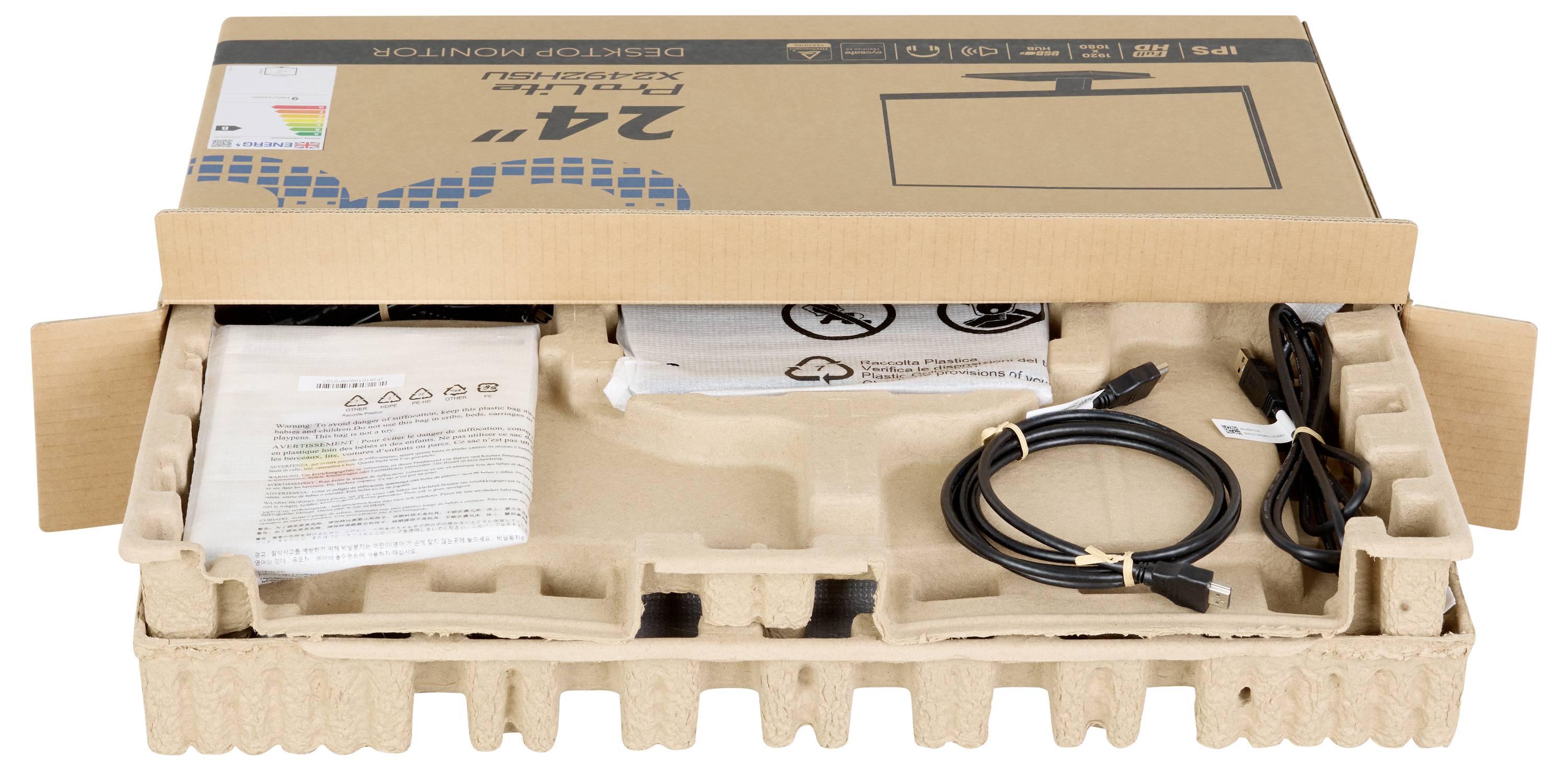 Offene Schachtel eines 24-Zoll-Monitors mit eingewickeltem Monitor, Kabeln und Bedienungsanleitungen, angeordnet in schützender Kartonverpackung.