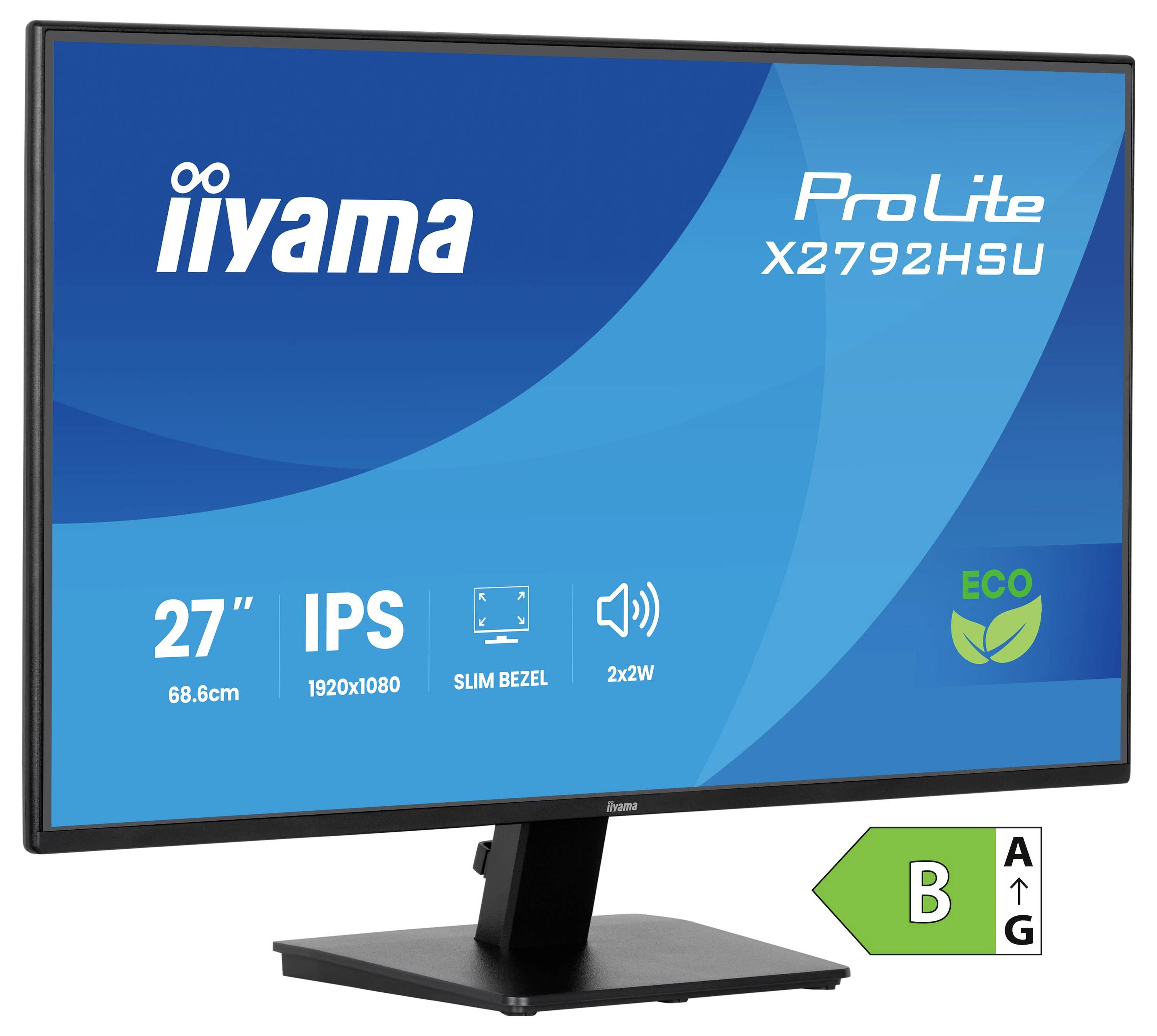 Ein Computermonitor mit folgenden Funktionen: 27-Zoll-IPS-Bildschirm, 1920x1080-Auflösung, schmaler Rahmen, 2x2W-Lautsprecher und eine umweltfreundliche Bewertung.