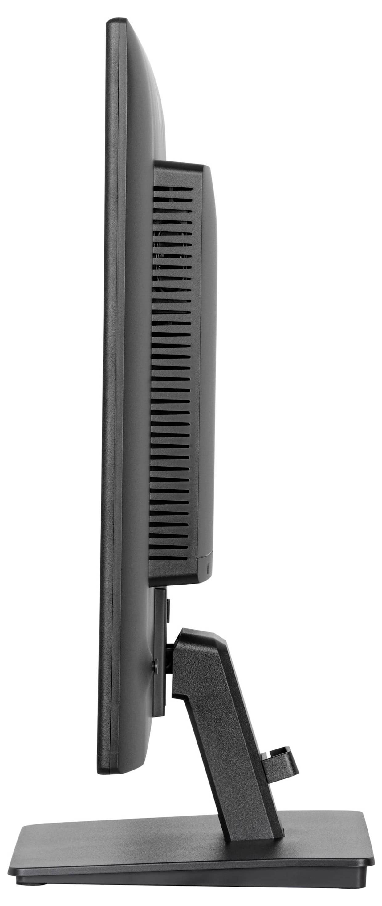 Eine Seitenansicht eines flachen Computermonitors auf einem Ständer, die sein schlankes Design und die verstellbare Neigungsfunktion hervorhebt.