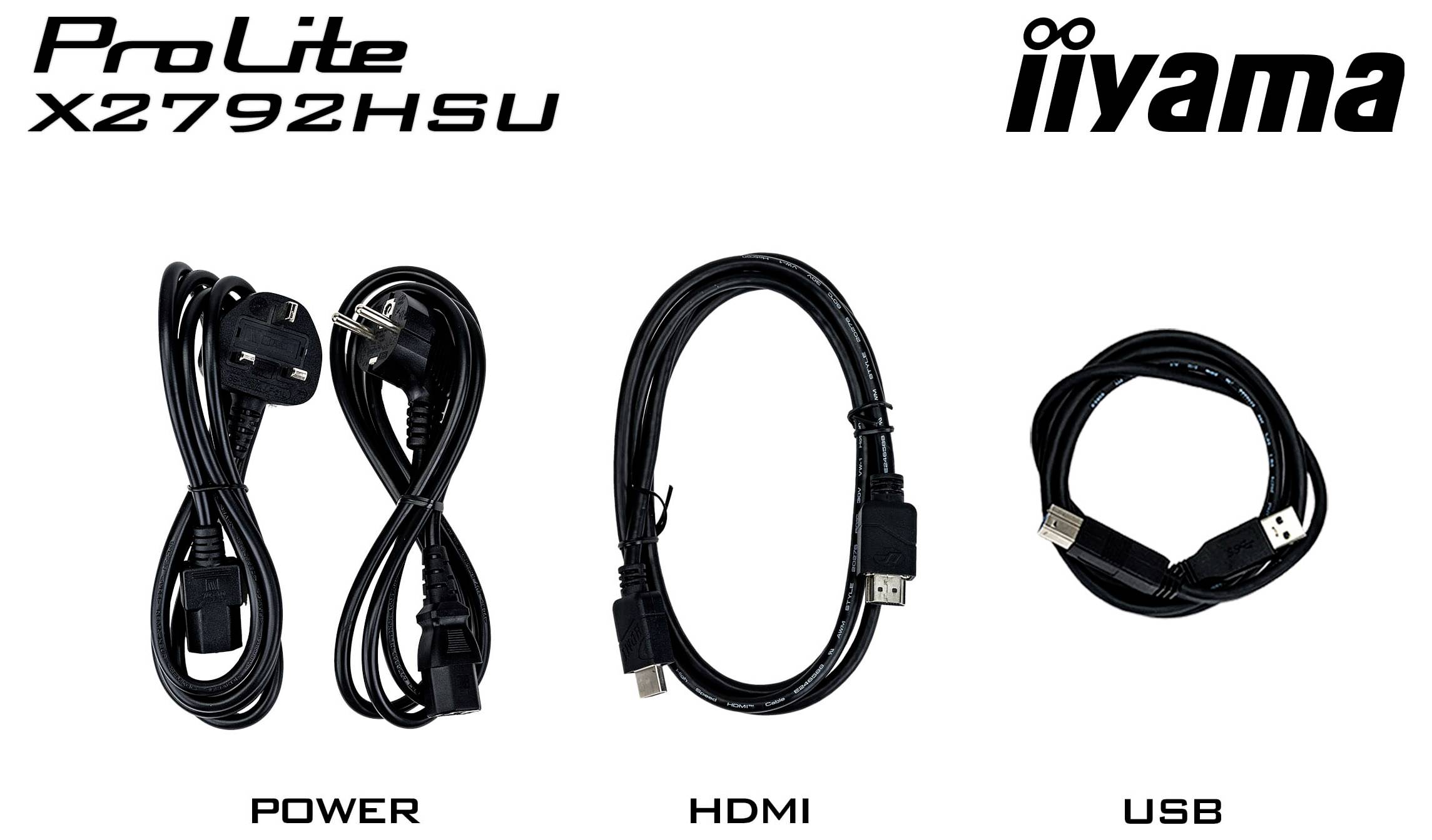 Das Bild zeigt drei Arten von Kabeln: Das linke ist ein Stromkabel, das mittlere ist ein HDMI-Kabel und das rechte ist ein USB-Kabel, entsprechend beschriftet.