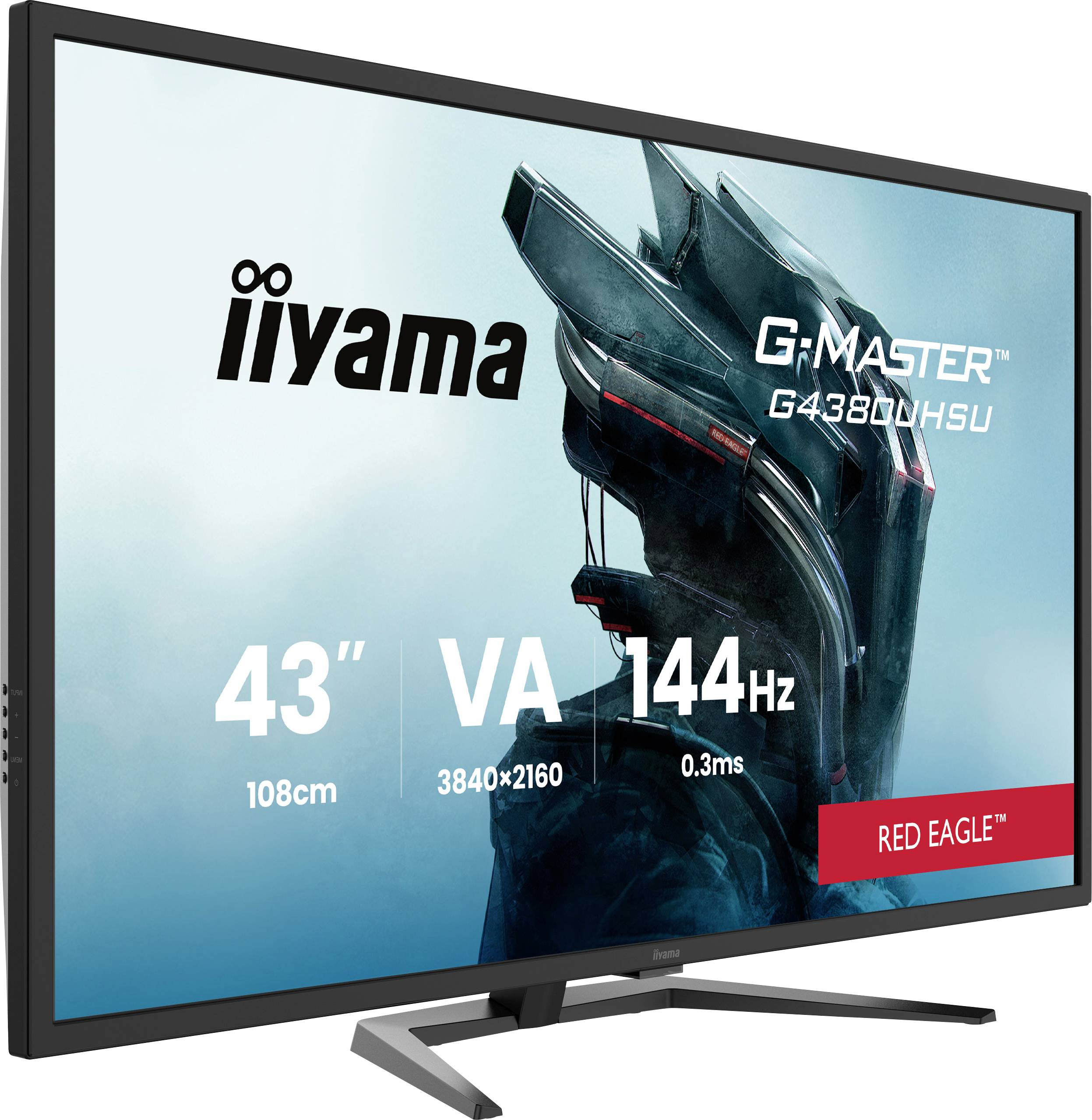 Iiyama 43-Zoll G-Master Monitor mit 4K-Auflösung und 144Hz Bildwiederholfrequenz. Text zeigt 'VA 3840x2160 0,3ms' und 'Red Eagle'.