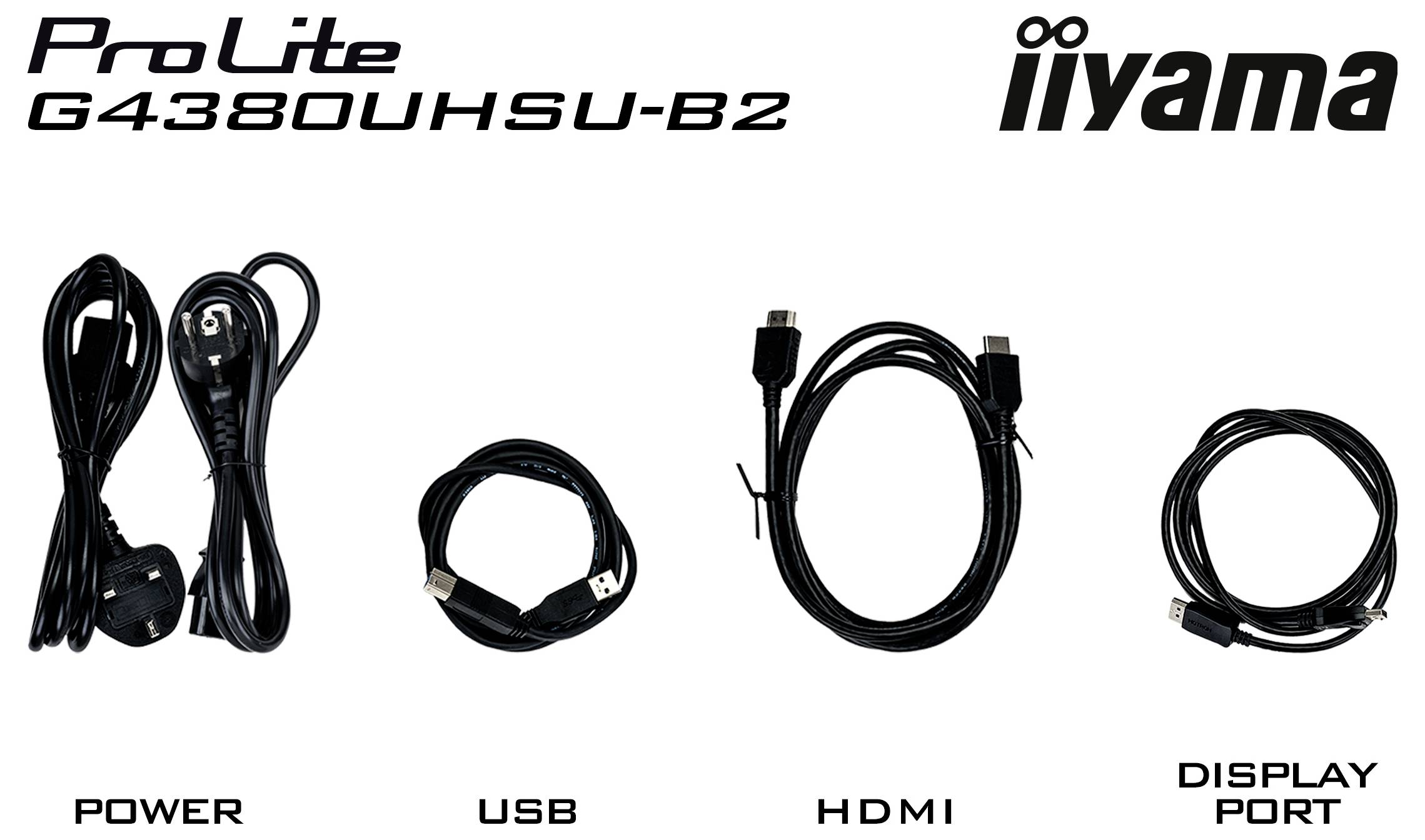 Iiyama ProLite G4380UHSU-B2 Monitor-Kabel: Stromkabel, USB-Kabel, HDMI-Kabel und DisplayPort-Kabel. Beschriftet zur Kennzeichnung.