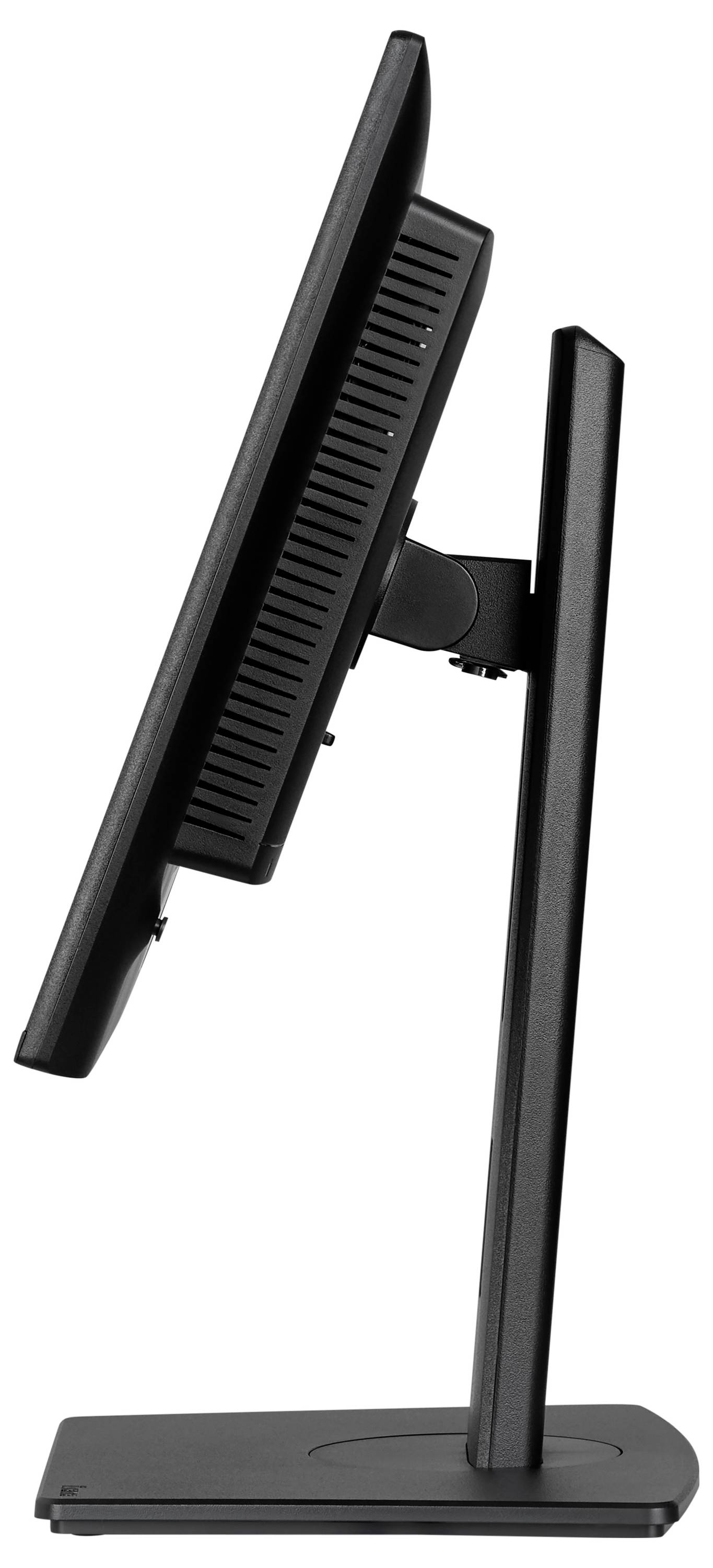 Ein schlanker, schwarzer Computermonitor von der Seite betrachtet, aufrecht auf einem Ständer positioniert, der sein elegantes und verstellbares Design zeigt.