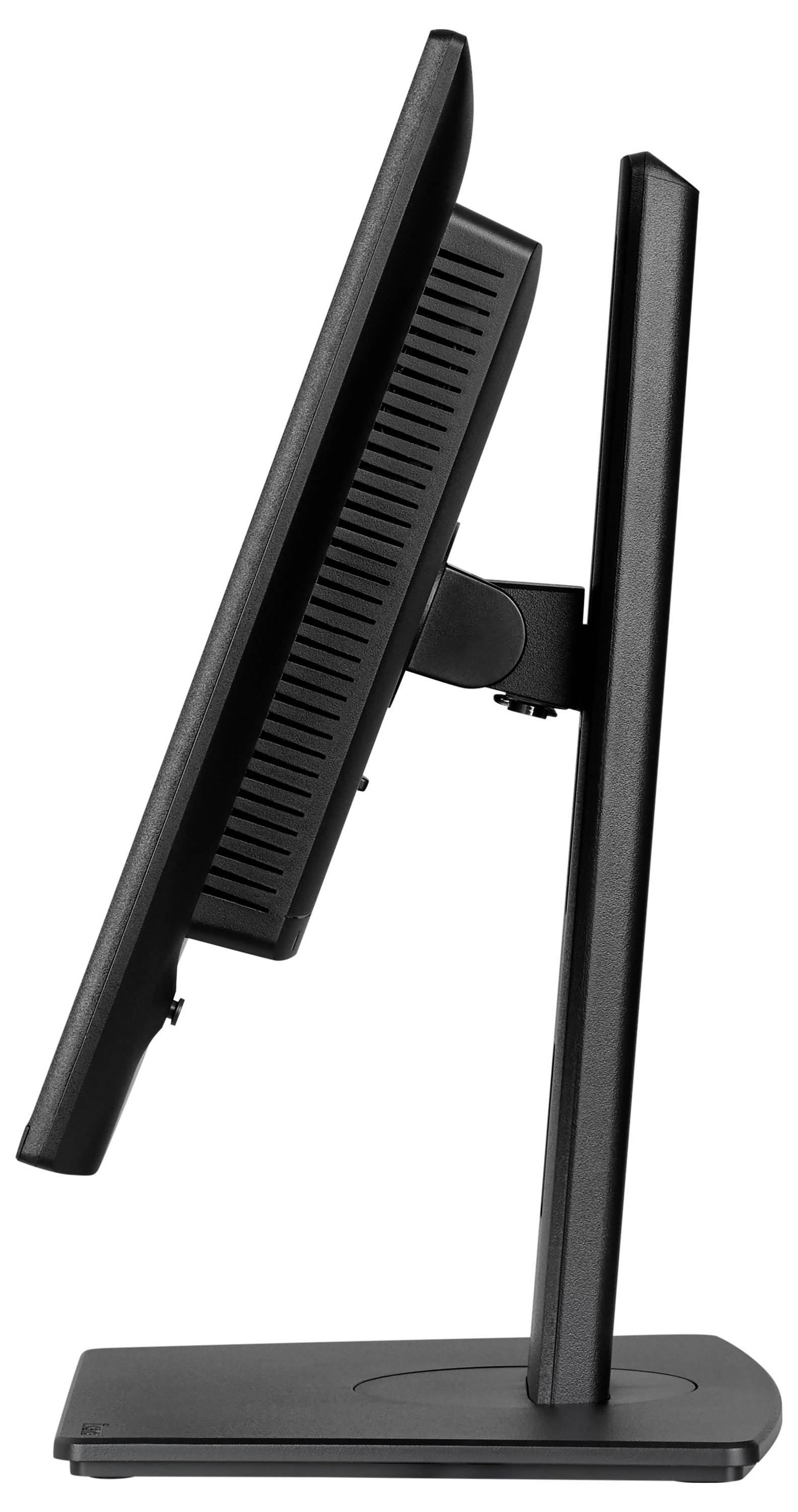 Rückansicht eines Monitors mit verschiedenen Anschlüssen: Stromeingang, HDMI, DisplayPort und Audiobuchse, mit einer Befestigungshalterung oben.