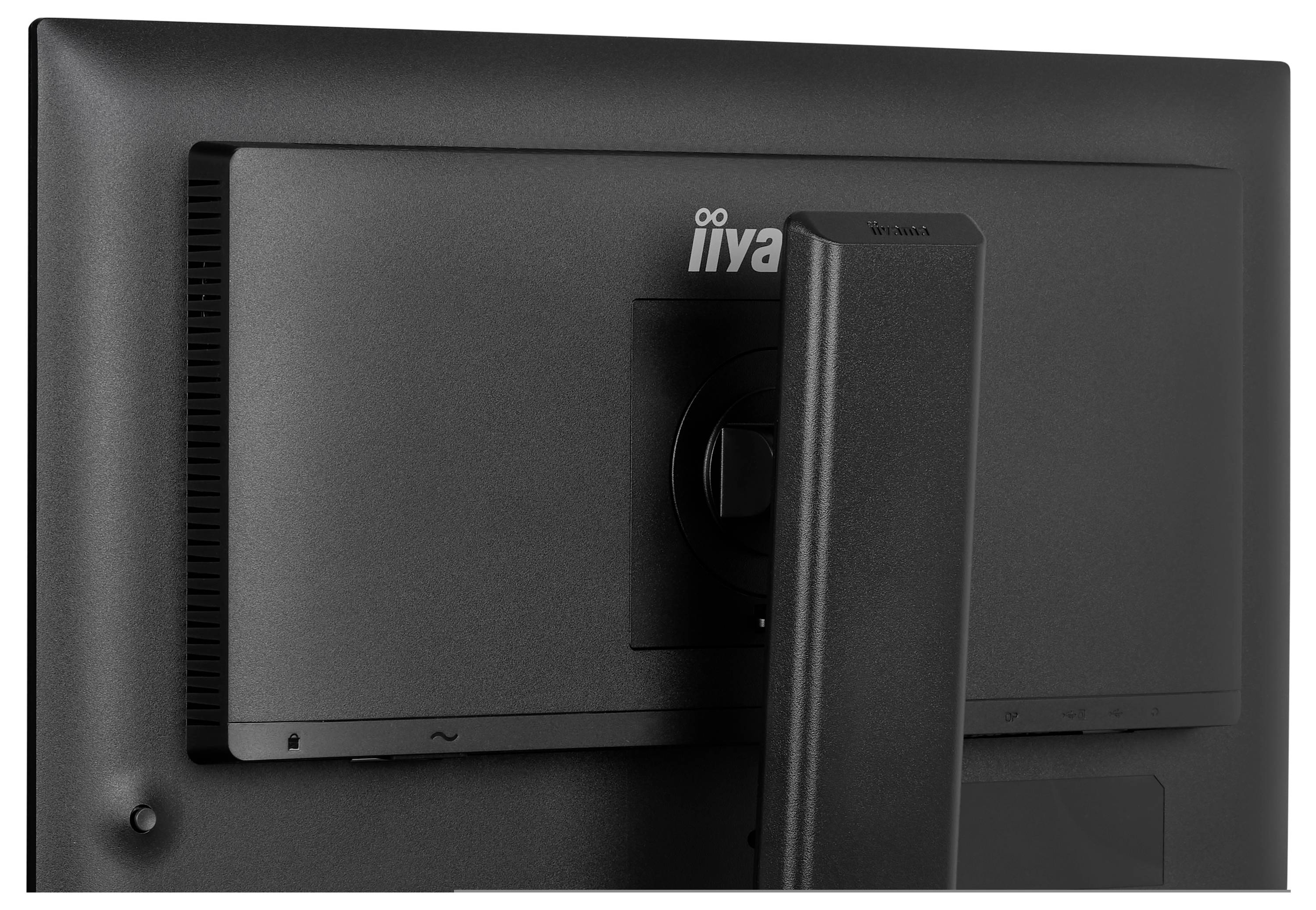 Rückansicht eines schwarzen Computermonitors mit Ständerbefestigung und einem Teil des Logos oben. Der Bildschirm ist ausgeschaltet.