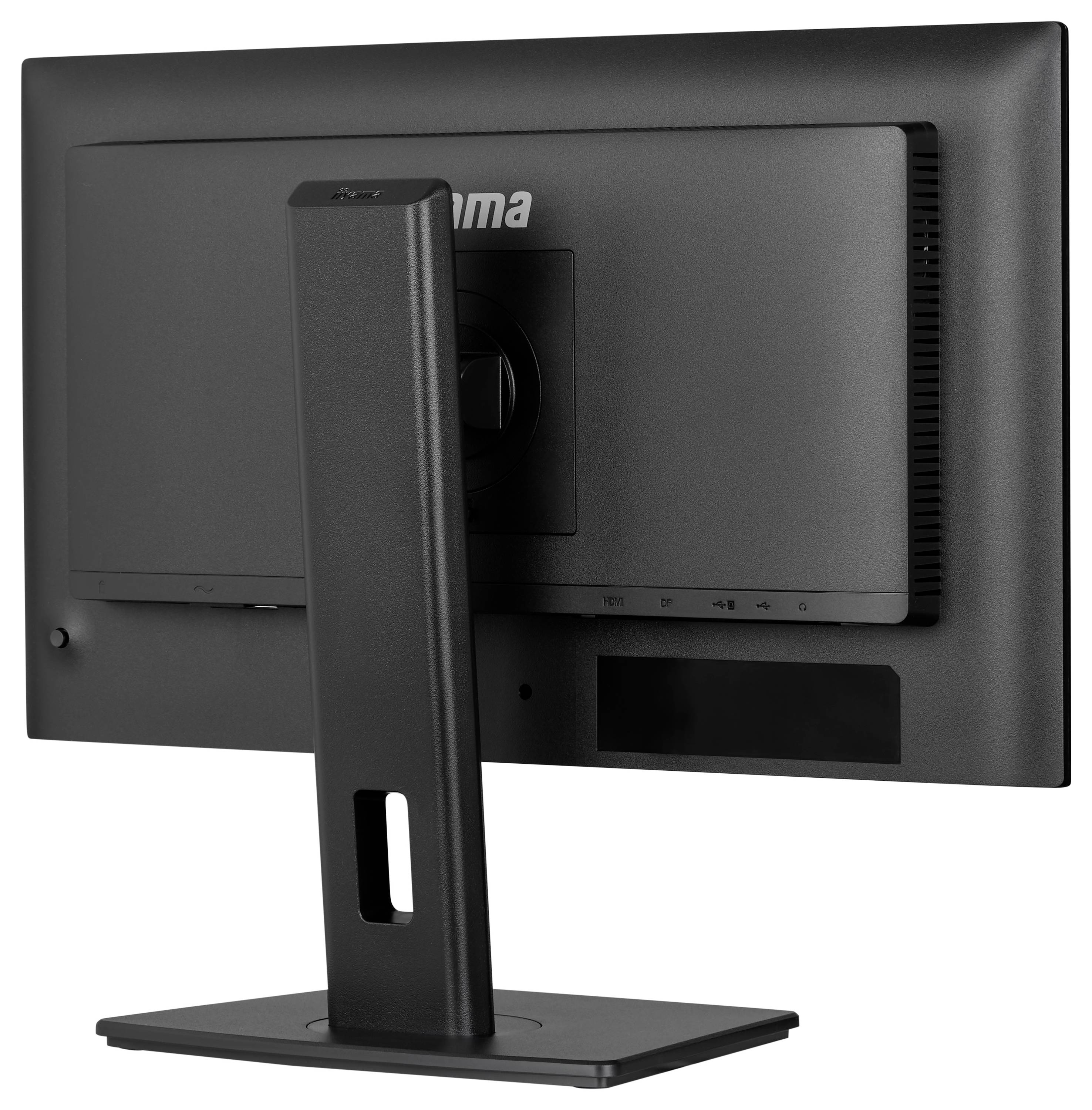 Ein schwarzer Monitor von hinten betrachtet, der den Ständer und einen Teil der Rückseite zeigt, ohne sichtbaren Bildschirm oder vordere Merkmale.