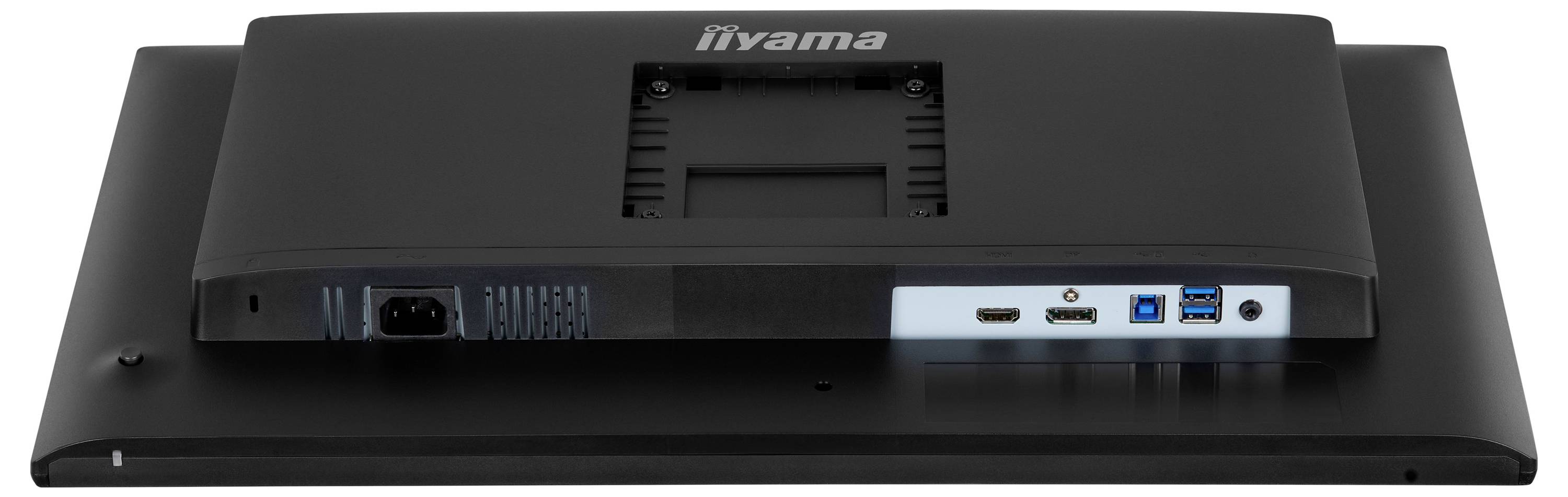 Rückansicht eines iiyama-Monitors, der seine Konnektivitätsanschlüsse zeigt, darunter HDMI, DisplayPort, USB und Stromeingang, auf einer schwarzen Oberfläche.