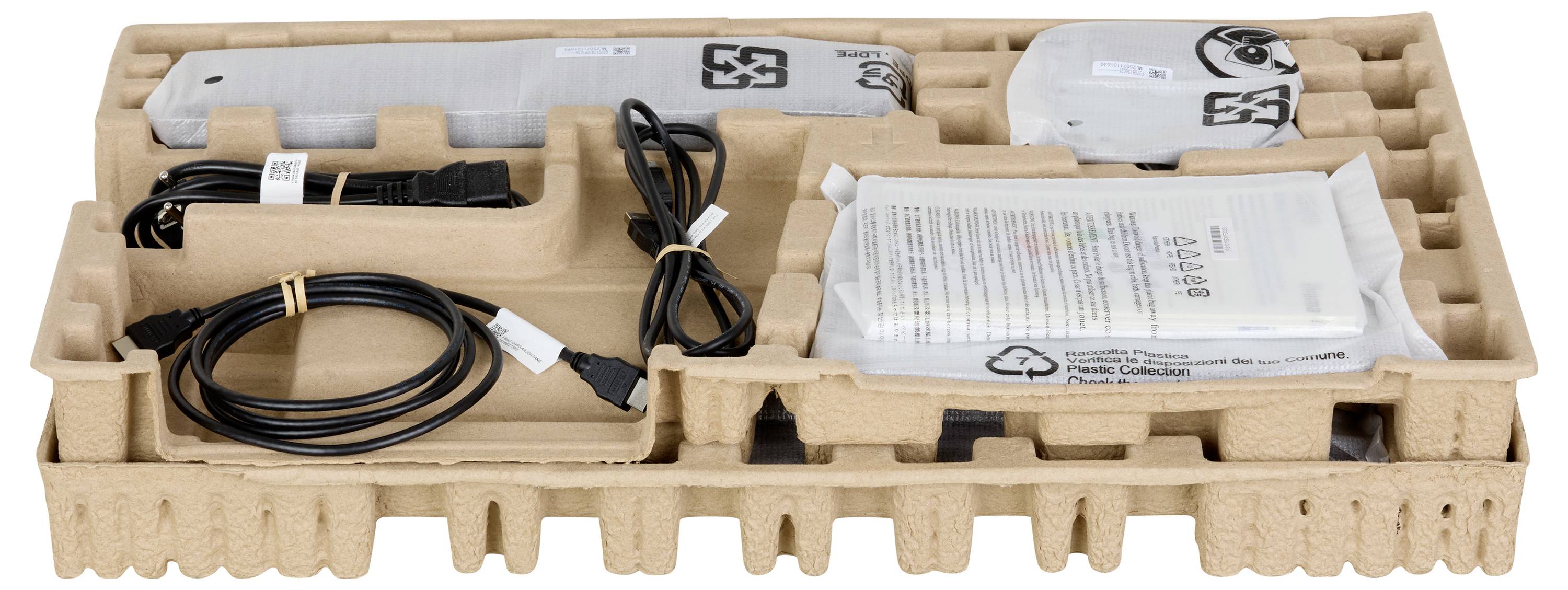 Verpackungsbrett mit elektronischen Gerätekomponenten, einschließlich verpackter Artikel, USB-Kabel und einer Bedienungsanleitung. Komponenten sind sicher in Fächern angeordnet.