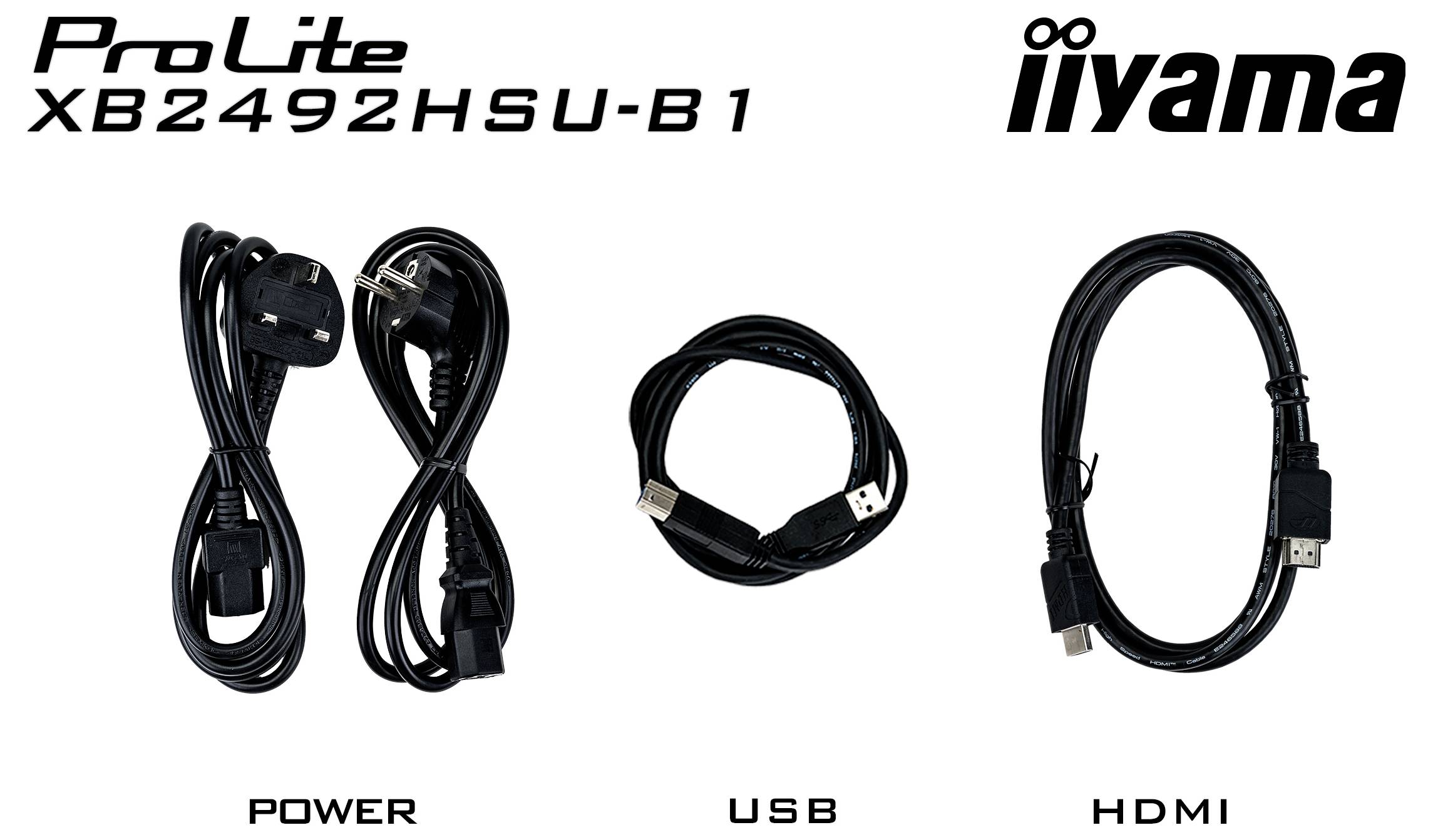 „Kabel für ProLite XB2492HSU-B1: Stromkabel mit britischem Stecker, USB-Kabel, HDMI-Kabel. iiyama-Logo oben rechts.