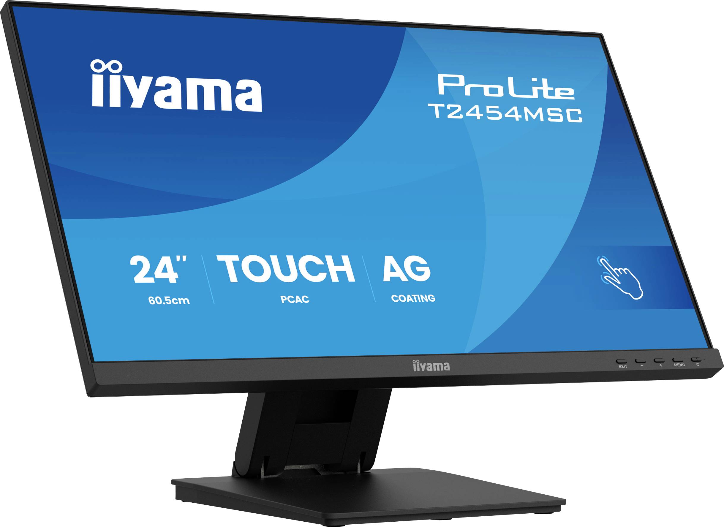„Iiyama ProLite T2454MSC Monitor mit 24-Zoll-Touchscreen-Display und Antireflexbeschichtung, gezeigt in einer Seitenansicht auf einem schwarzen Ständer.