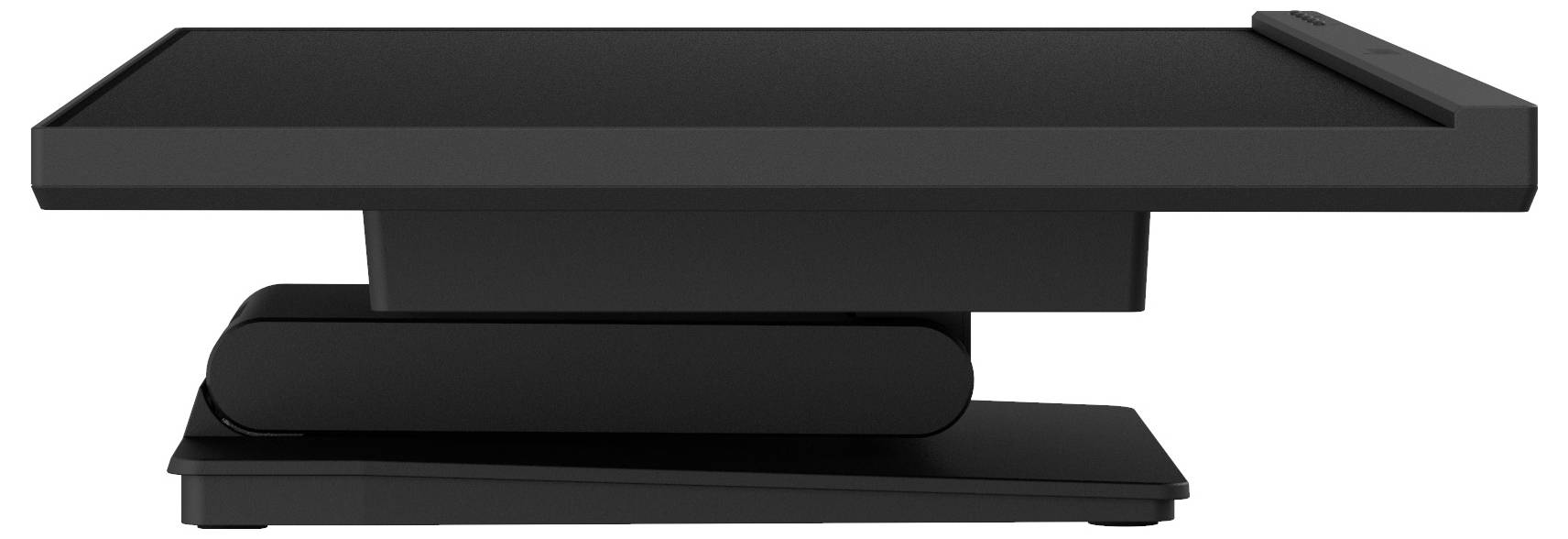 Eine Seitenansicht eines schlanken, schwarzen Computermonitors auf einem Ständer, die sein dünnes Profil und minimalistisches Design hervorhebt.