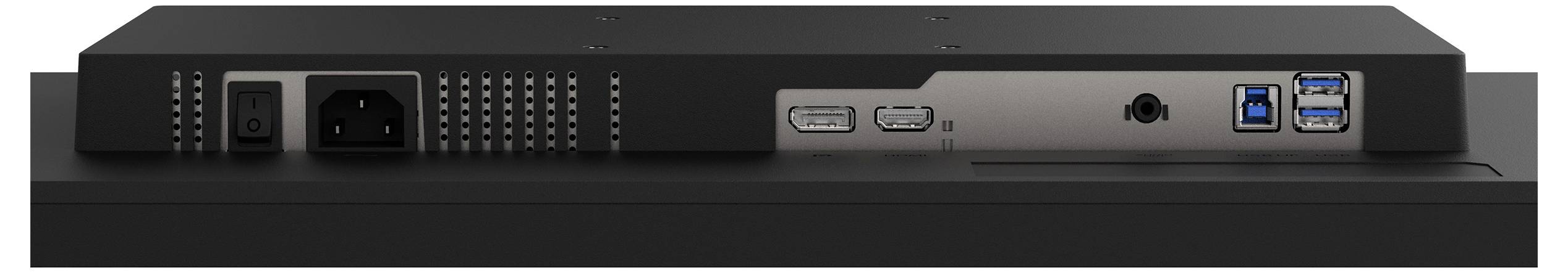 Das Bild zeigt die Rückseite eines elektronischen Geräts mit einer Stromsteckdose, Ausgangsanschlüssen und USB-Verbindungen.