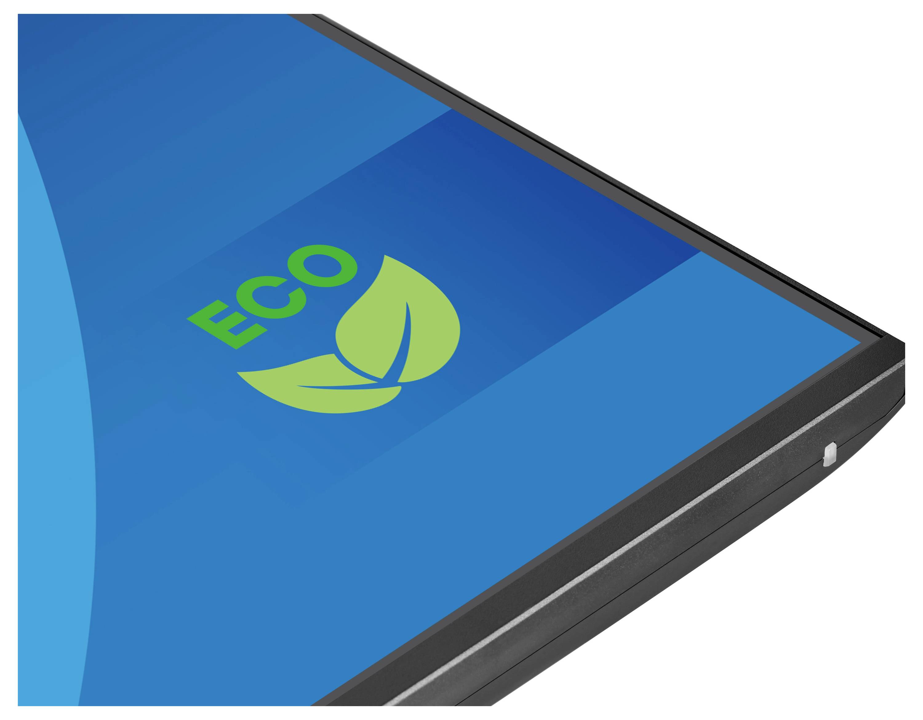 Ein Computerbildschirm zeigt einen blauen Hintergrund mit einem grünen Blatt-Symbol und dem Wort „ECO