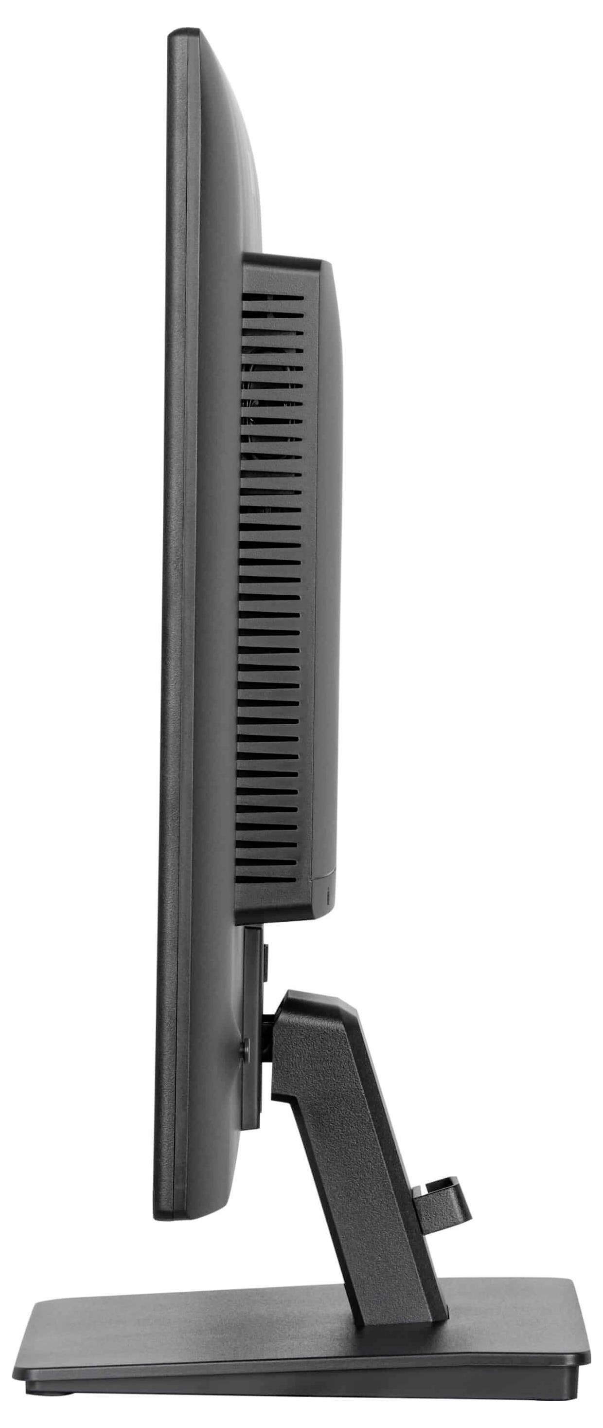 Eine Seitenansicht eines schlanken Computermonitors mit Lüftungsöffnungen auf der Rückseite zur Belüftung, montiert auf einem rechteckigen Ständer.