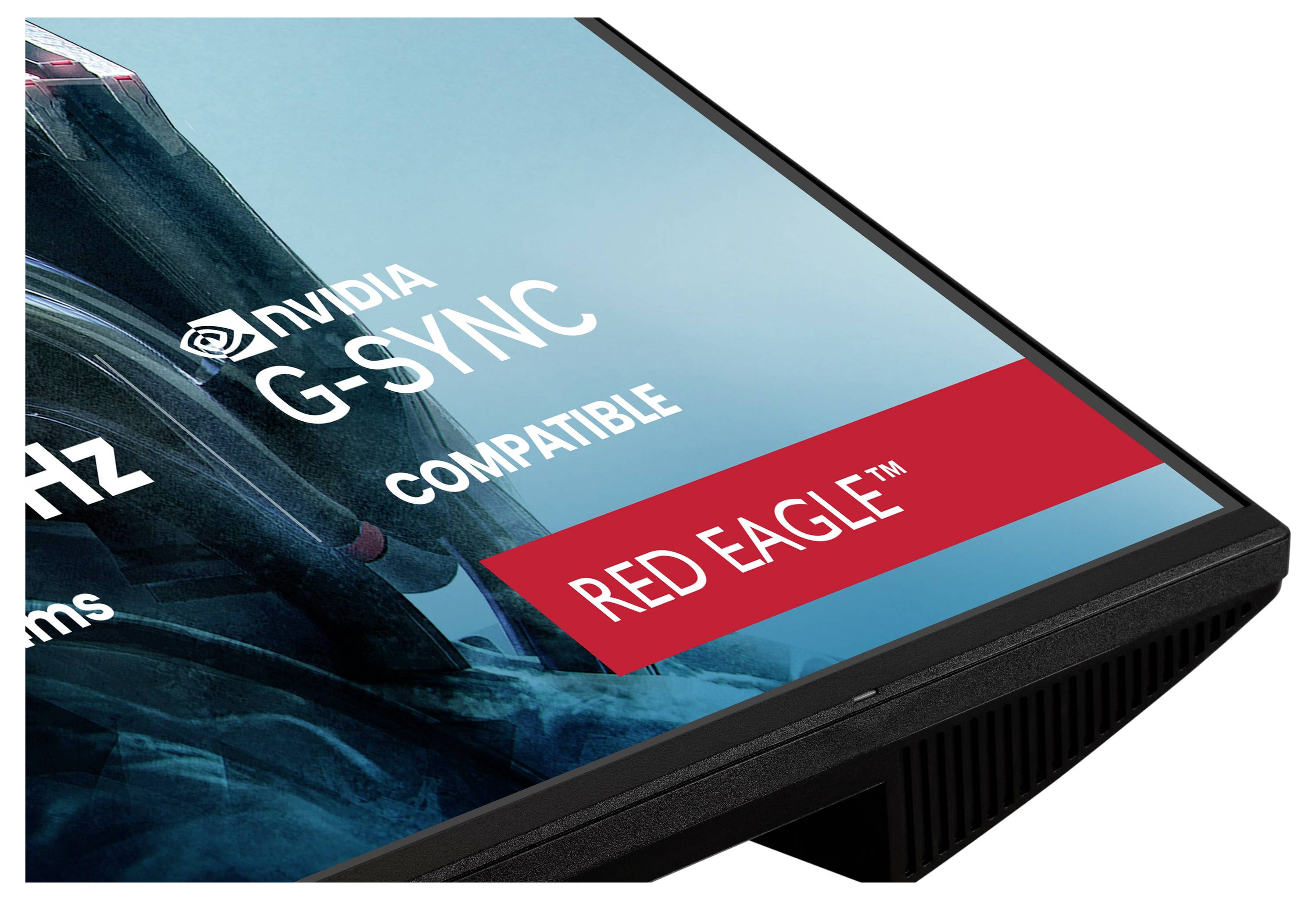 Eine Seitenansicht eines modernen flachen Computerbildschirms in Schwarz, der sein schlankes Profil und seinen eckigen Ständer zeigt.