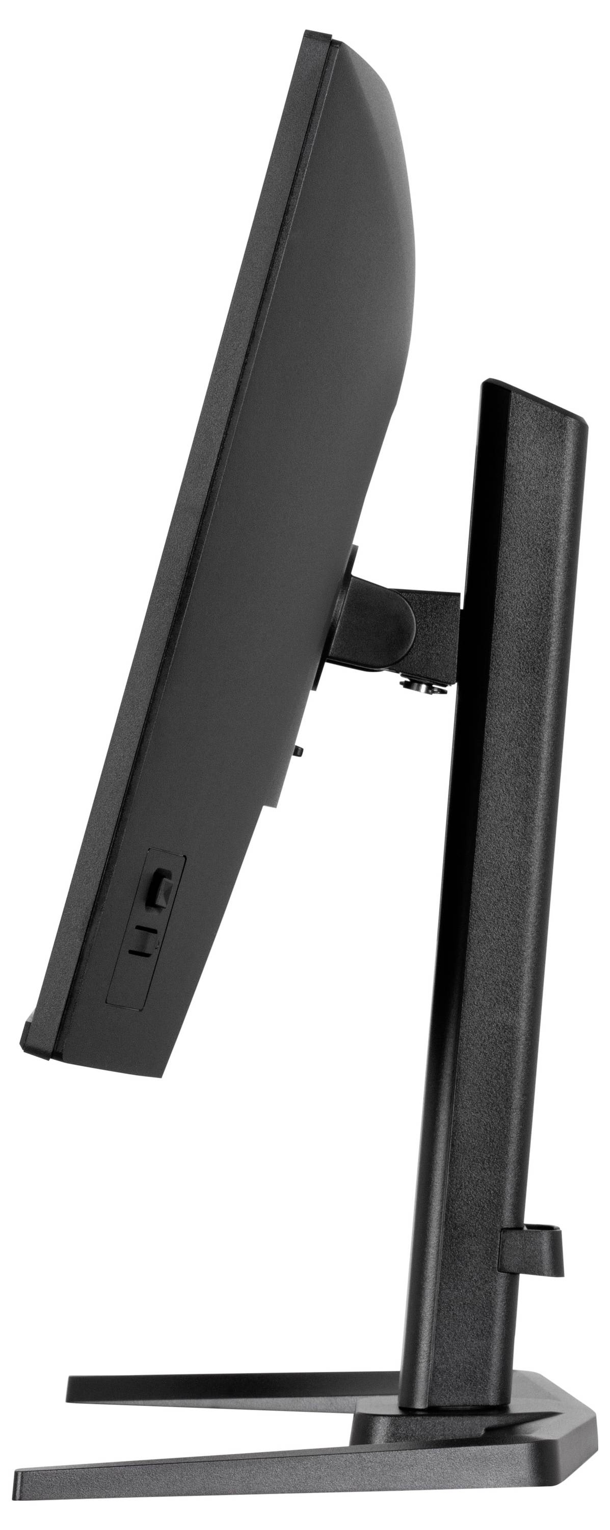 Eine Seitenansicht eines schwarzen Computermonitors auf einem Ständer, die Einstellungstasten zeigt und angibt, dass er für Neigungs- und Höhenverstellungen ausgelegt ist.