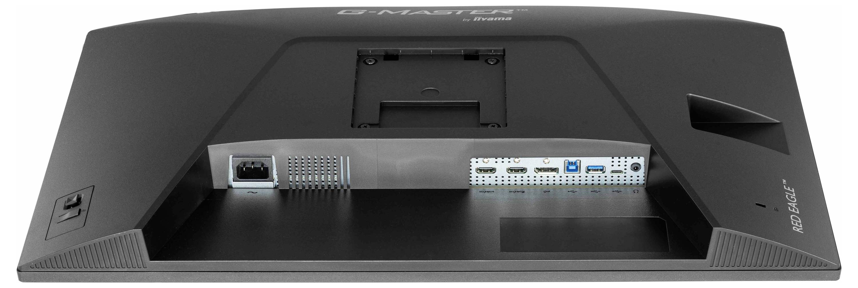 Rückansicht eines Monitors mit verschiedenen Anschlüssen, einschließlich einer Stromversorgungsbuchse, HDMI, USB und anderen Konnektivitätsschnittstellen, die für die Multimedia-Nutzung konzipiert sind.
