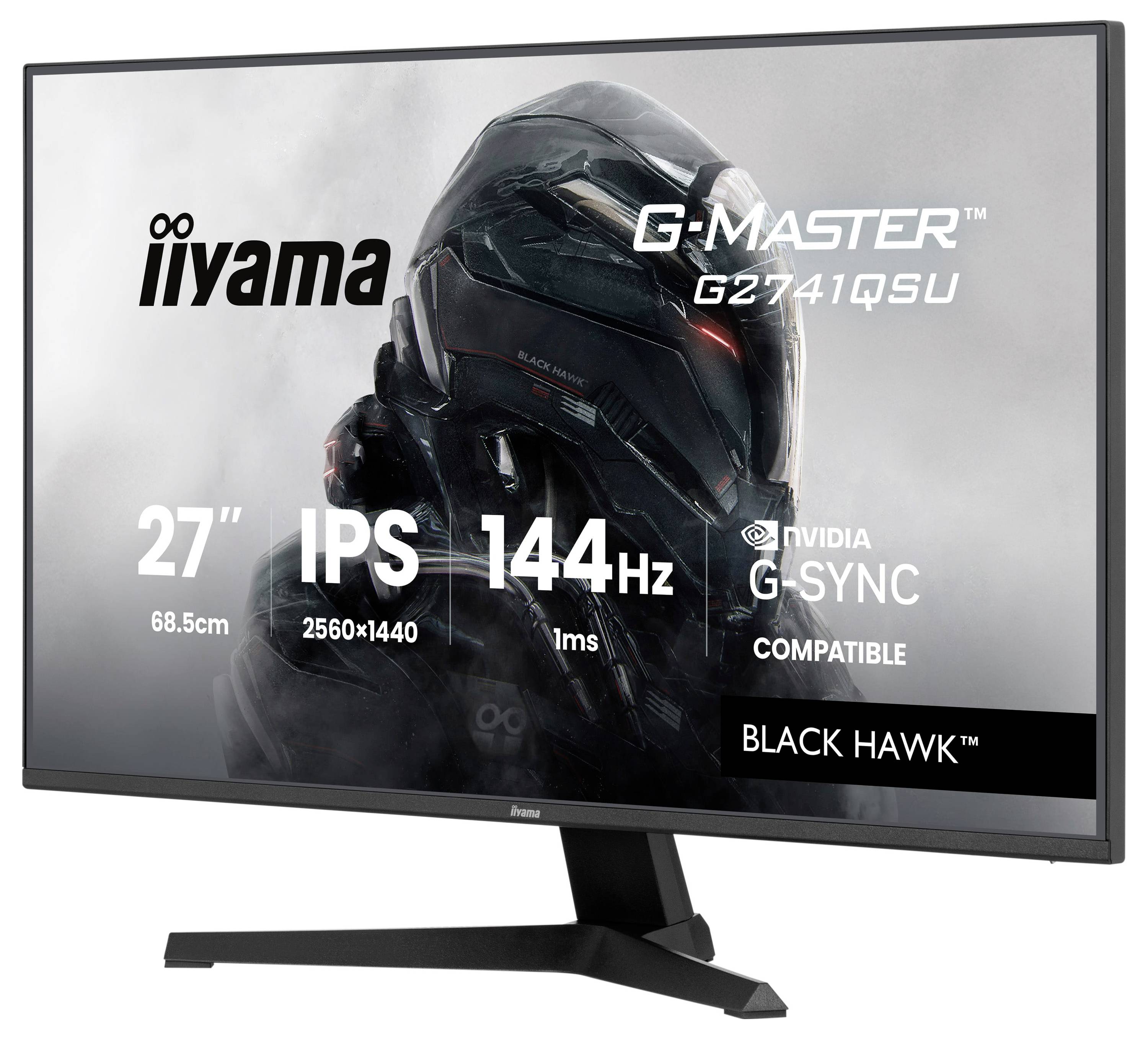 Ein 27-Zoll iiyama G-Master Monitor mit IPS-Display, 2560x1440 Auflösung, 144Hz Bildwiederholfrequenz, 1ms Reaktionszeit, NVIDIA G-SYNC kompatibel.