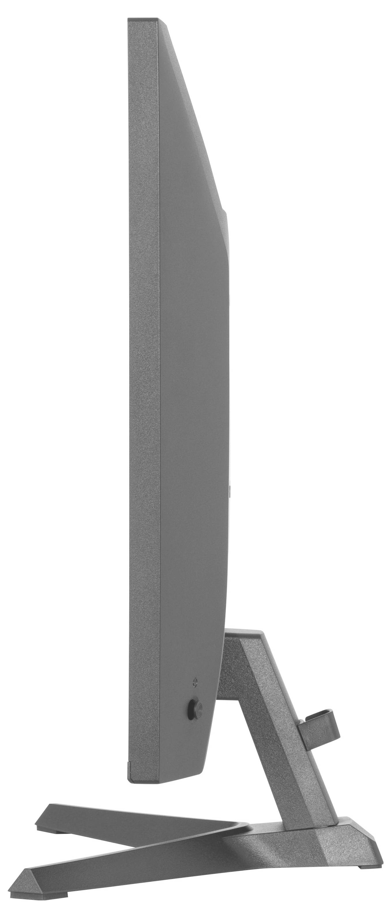 Seitenansicht eines eleganten, modernen Computermonitors mit rechteckigem Metallständer, das dünnes Design und minimalistische Struktur demonstriert.