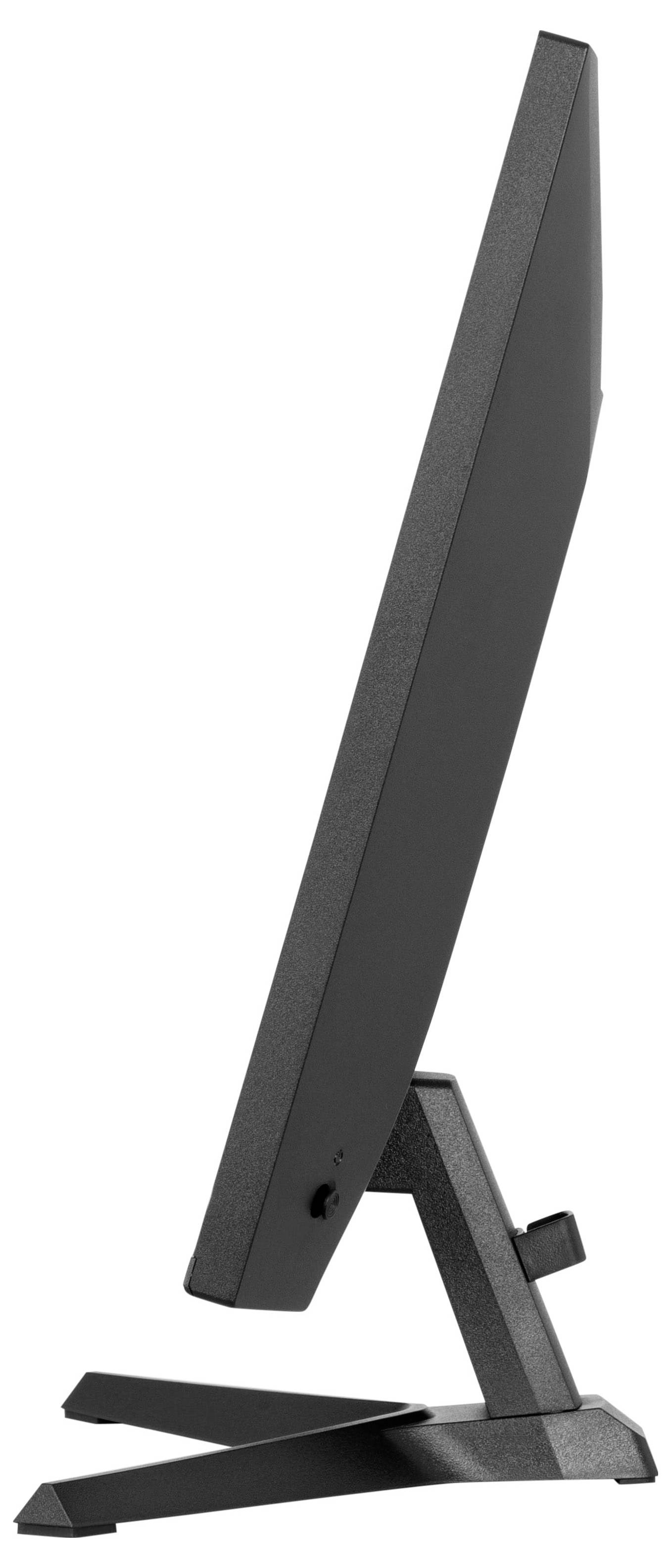 Eine Seitenansicht eines modernen, schlanken Computermonitors mit stabilem Ständer, die sein elegantes Profil und minimalistisches Design präsentiert.