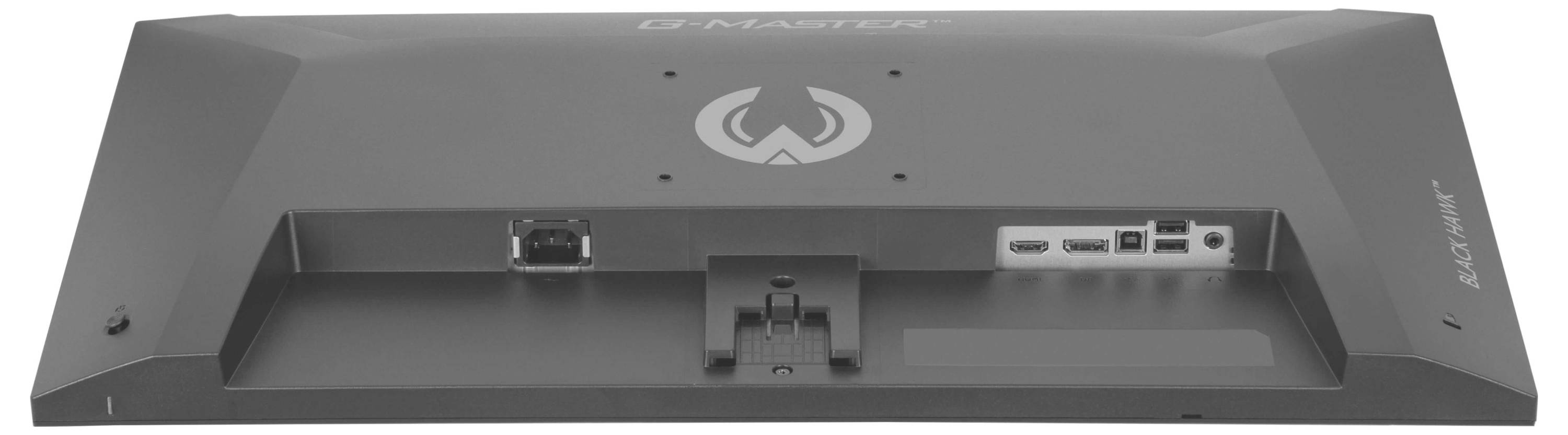 Das Bild zeigt die Rückseite eines Computermonitors mit mehreren Anschlüssen, darunter USB, HDMI und DisplayPort, die Konnektivitätsoptionen hervorheben.