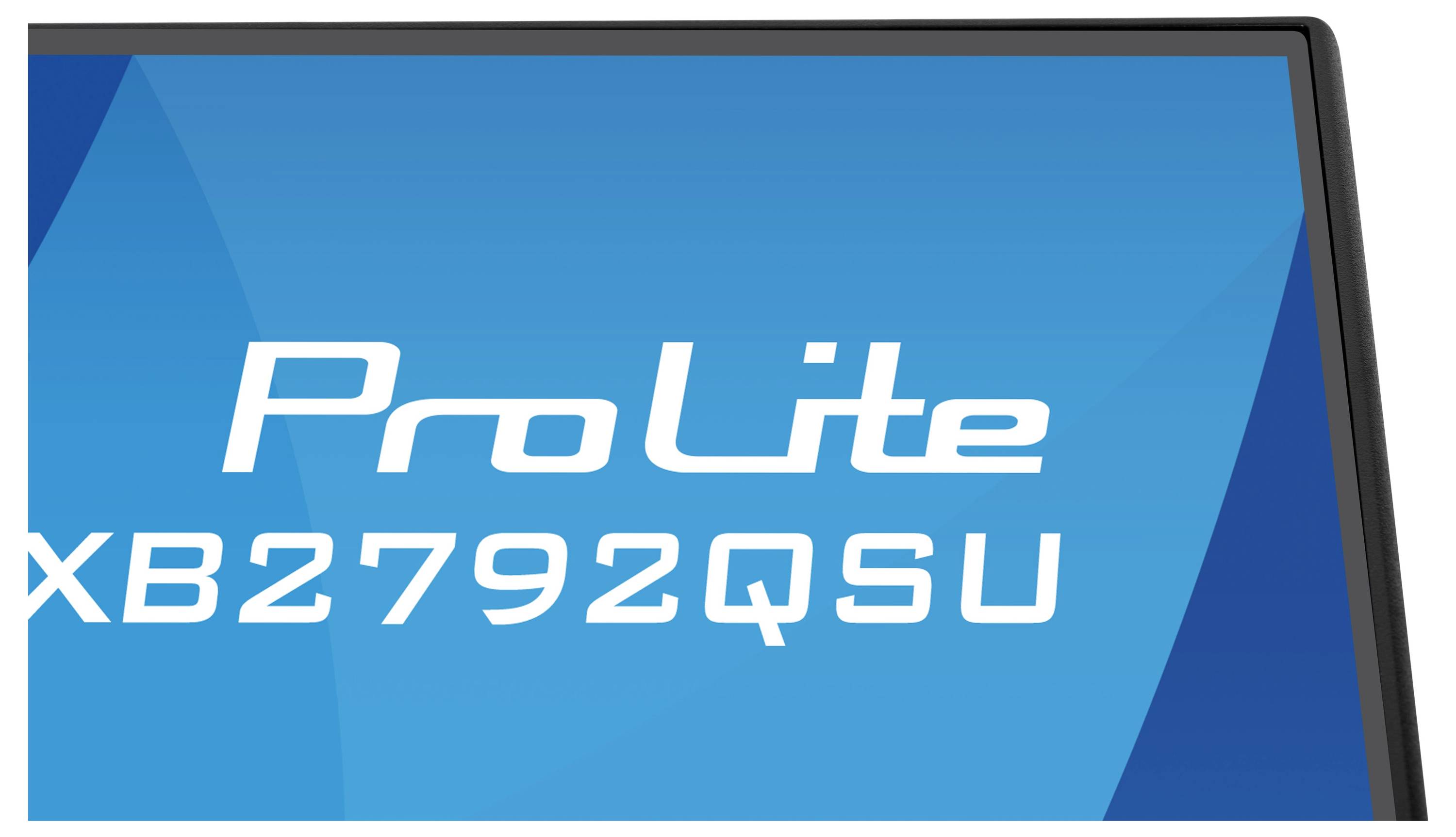 'ProLite XB2792QSU' Text auf einem blauen Bildschirm mit einem Teil des dünnen, schwarzen Monitorrahmens, der an der rechten Kante sichtbar ist.
