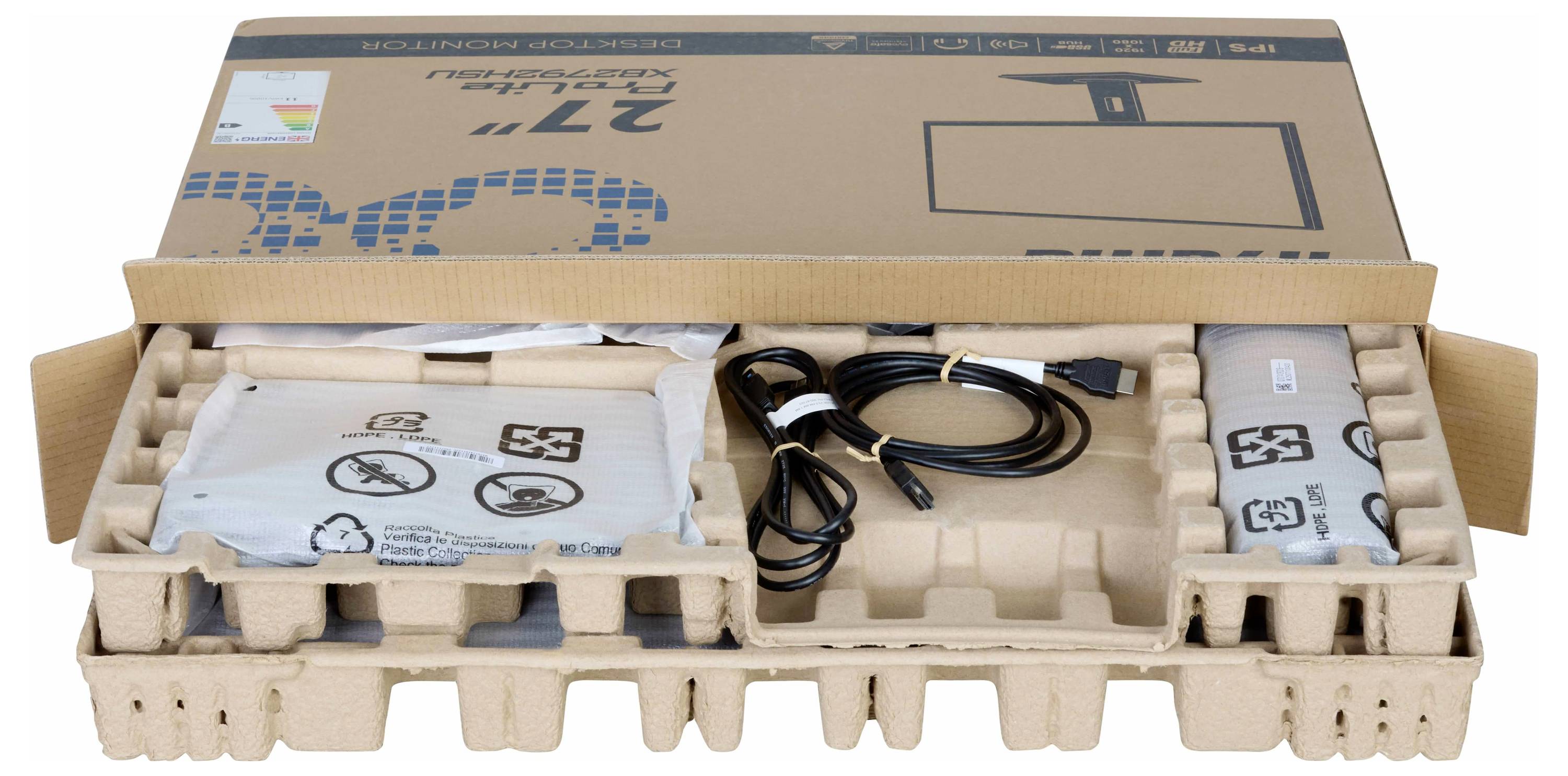 Rückansicht eines schwarzen Computermonitors mit breitem Bildschirm und stabilem Ständer, auf dem das Markenlogo angezeigt wird. Das Design ist elegant und modern.
