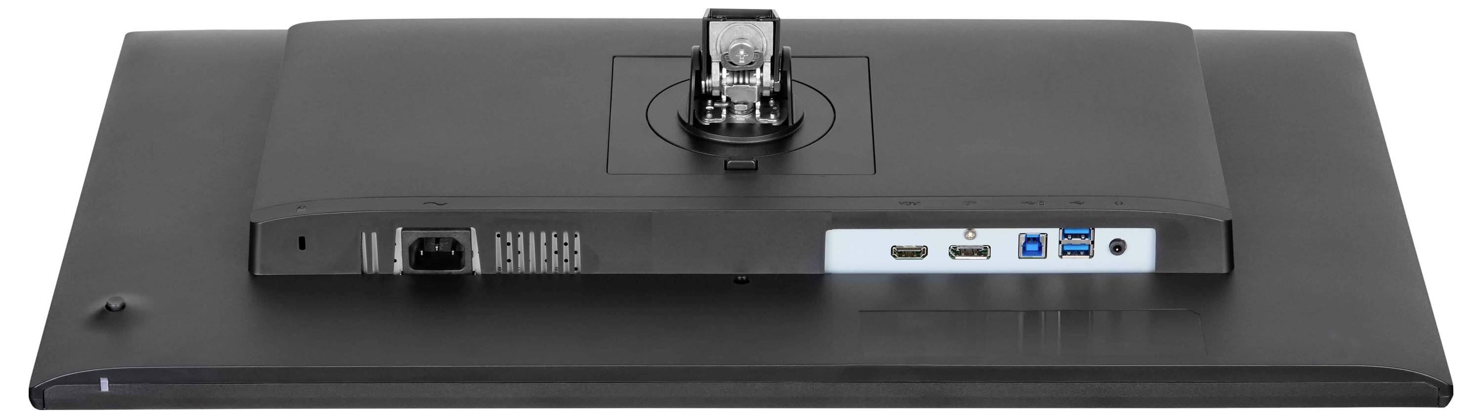 „Rückansicht eines schwarzen Monitors mit Stromeingang, HDMI, USB und Kopfhörerbuchse mit einer Ständerhalterung in der oberen Mitte.