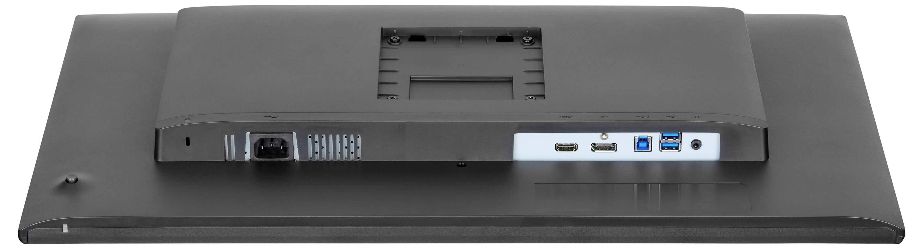 Rückansicht eines schwarzen Computermonitors mit Ständer, von Iiyama mit dem Label 