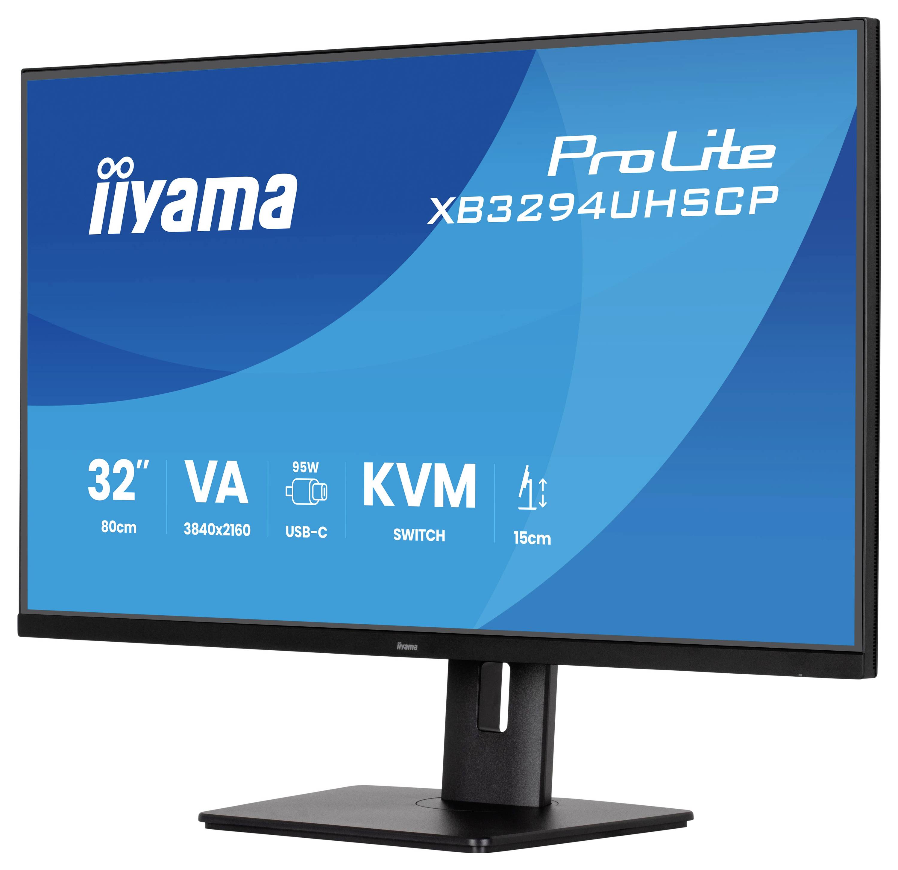 'Iiyama ProLite XB3294UHSGP Monitor' mit 32-Zoll-Bildschirm, Funktionen: VA-Panel, 3840x2160-Auflösung, USB-C-Anschluss, 95W Stromversorgung, KVM-Schalter, 15cm Höhenverstellung.