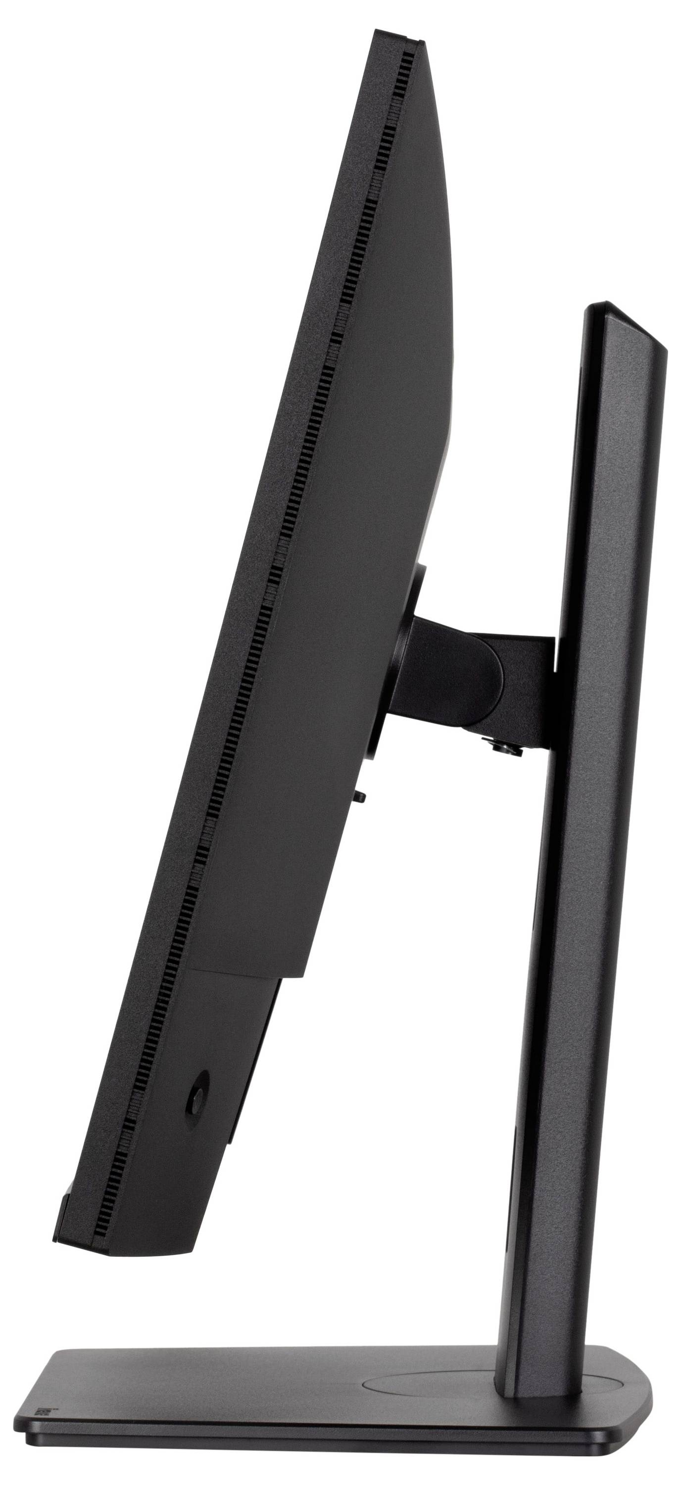 Eine Seitenansicht eines schlanken Computermonitors mit weißem Ständer, die sein elegantes Design und die verstellbare Neigungs­funktion betont.