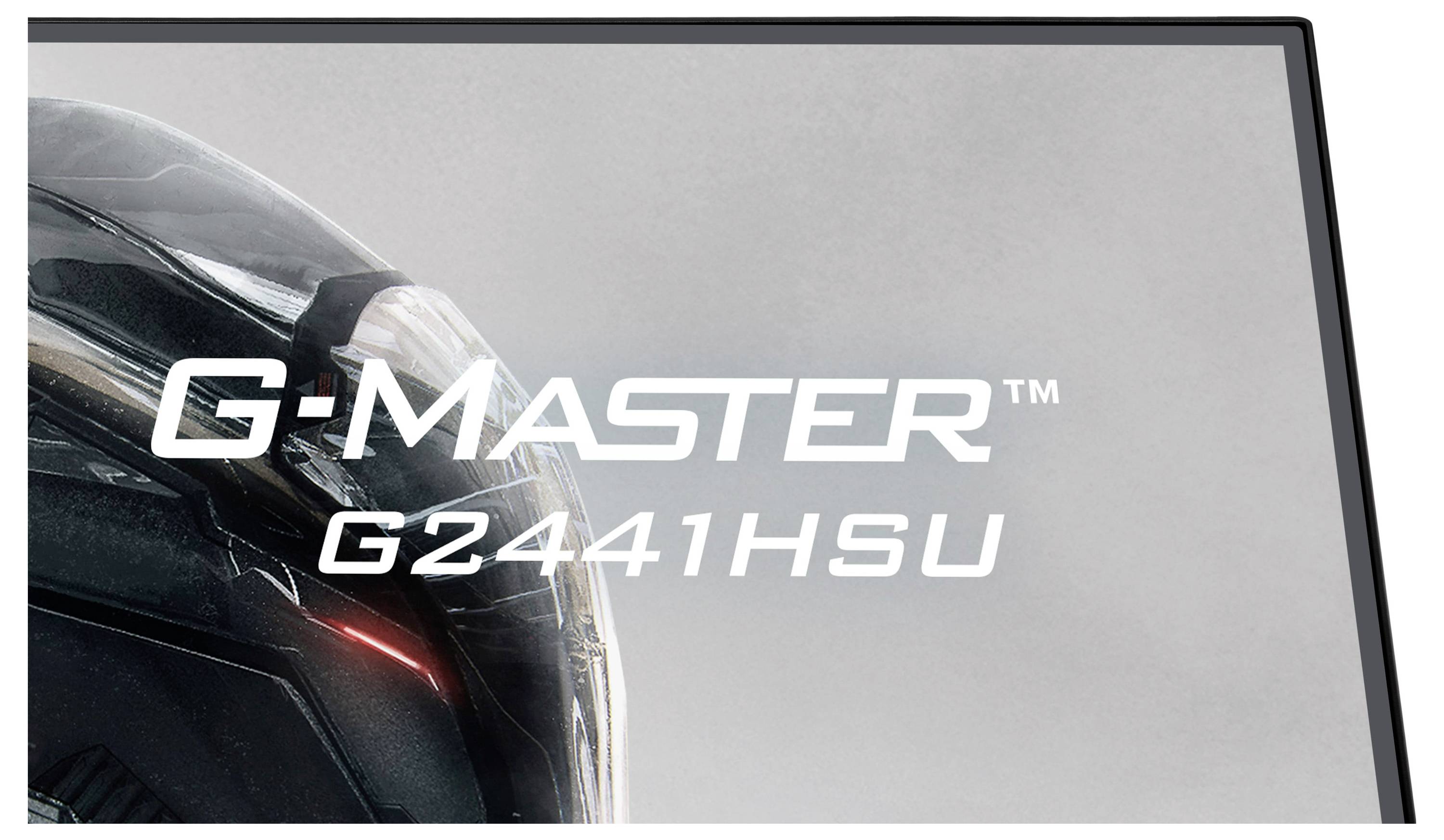 'G-Master G2441HSU' Text über einer Teilansicht eines Helms, vor einem neutralen Hintergrund angebracht, wahrscheinlich eine Anzeige oder Verpackung.