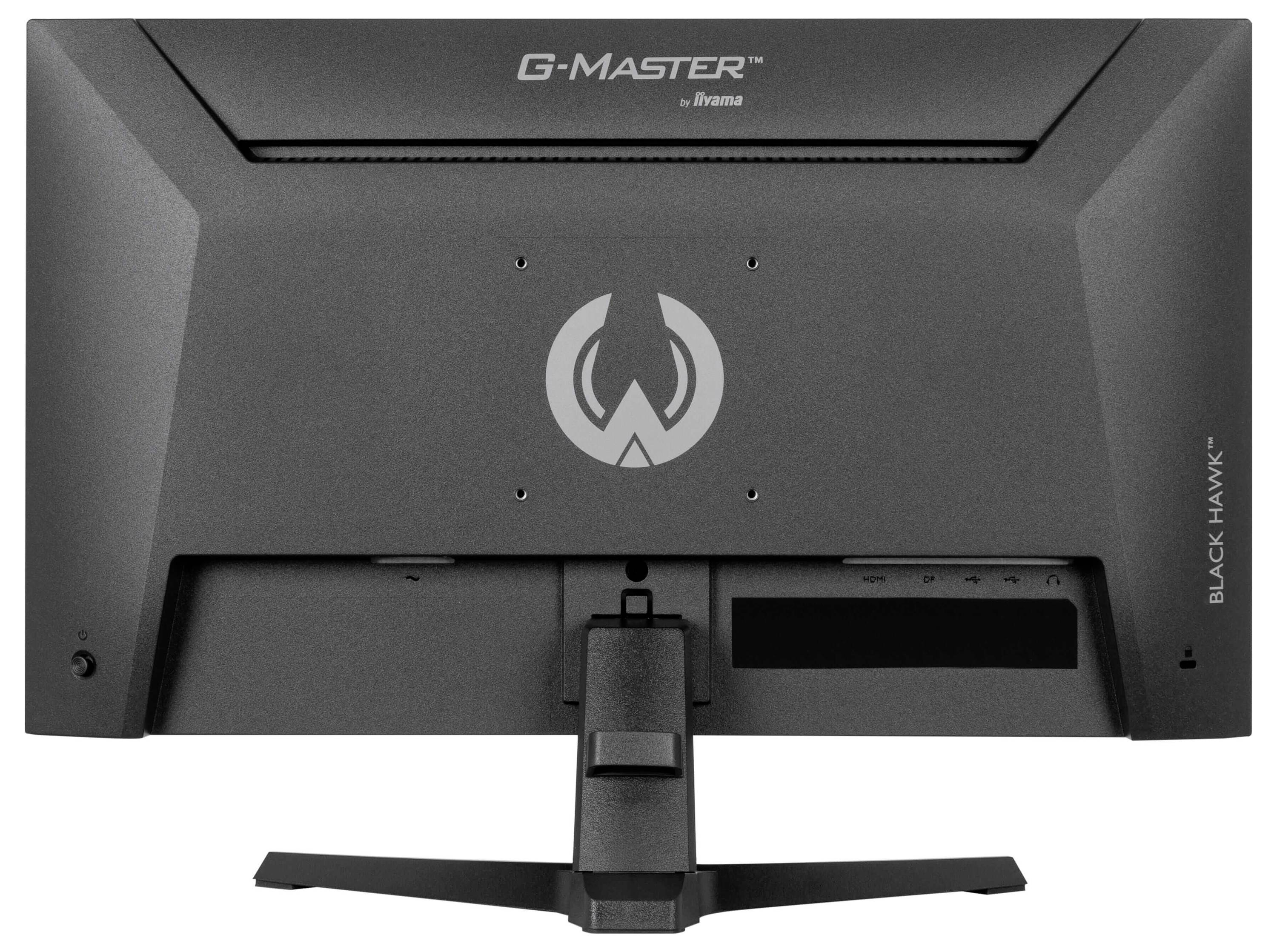 Ein schwarzer iiyama-Monitor von hinten betrachtet, zeigt seinen Standfuß und sein Rückseiten-Design.