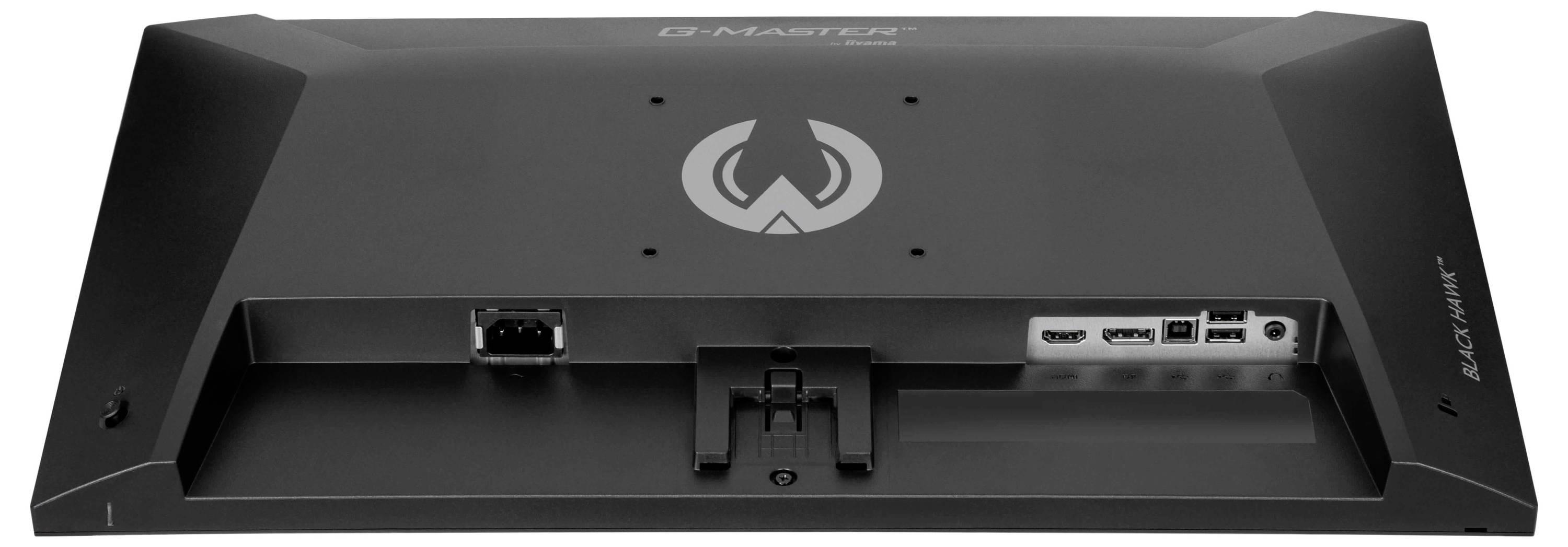 Rückansicht eines schwarzen G-Master-Monitors mit verschiedenen Anschlüssen und Verbindungen, einschließlich HDMI und USB, mit Befestigungspunkt für die Ständerhalterung.