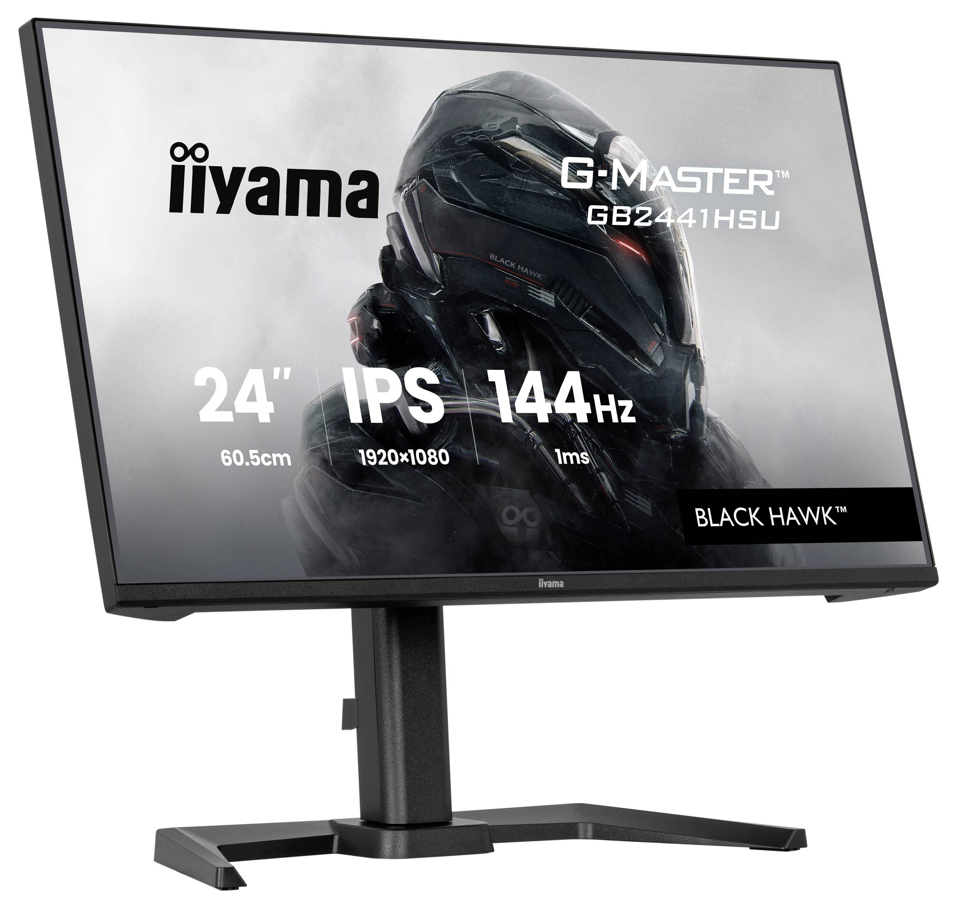 Ein schwarzer Computermonitor wird von hinten betrachtet und zeigt seinen Ständer und verschiedene Anschlüsse. Die Marke „iiyama