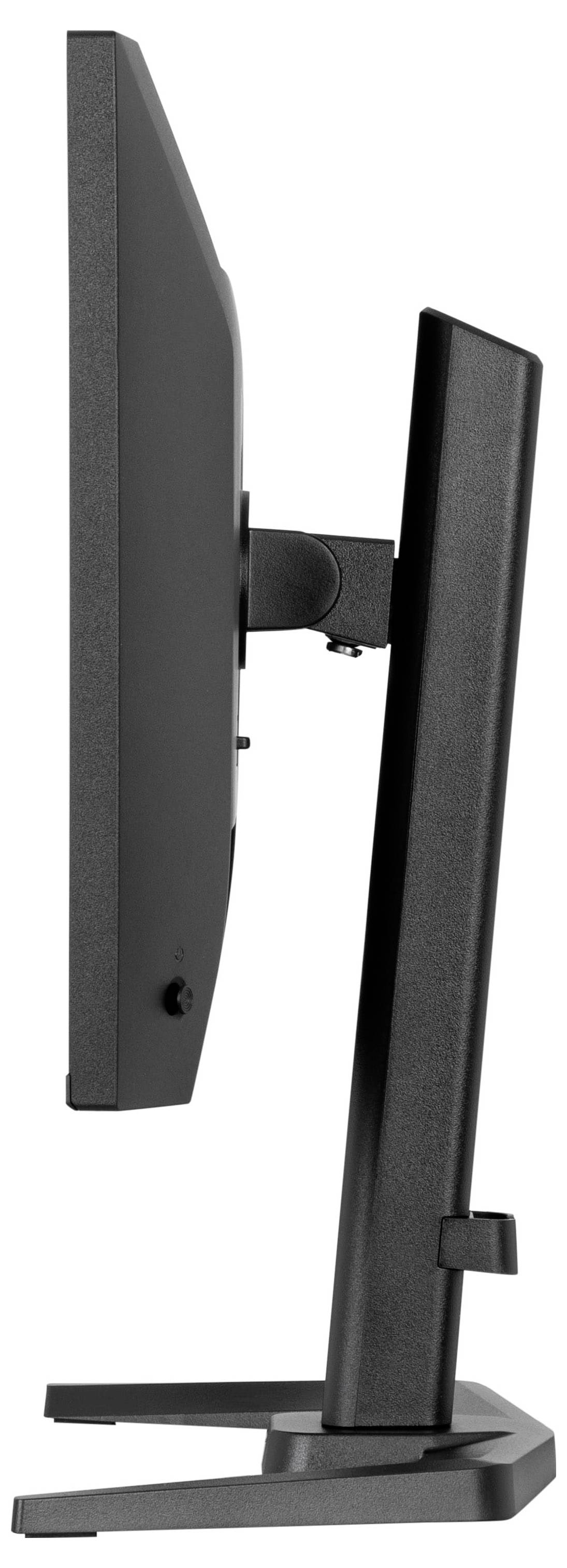 Eine Seitenansicht eines schwarzen Flachbild-Computermonitors auf einem Ständer, leicht nach oben geneigt.