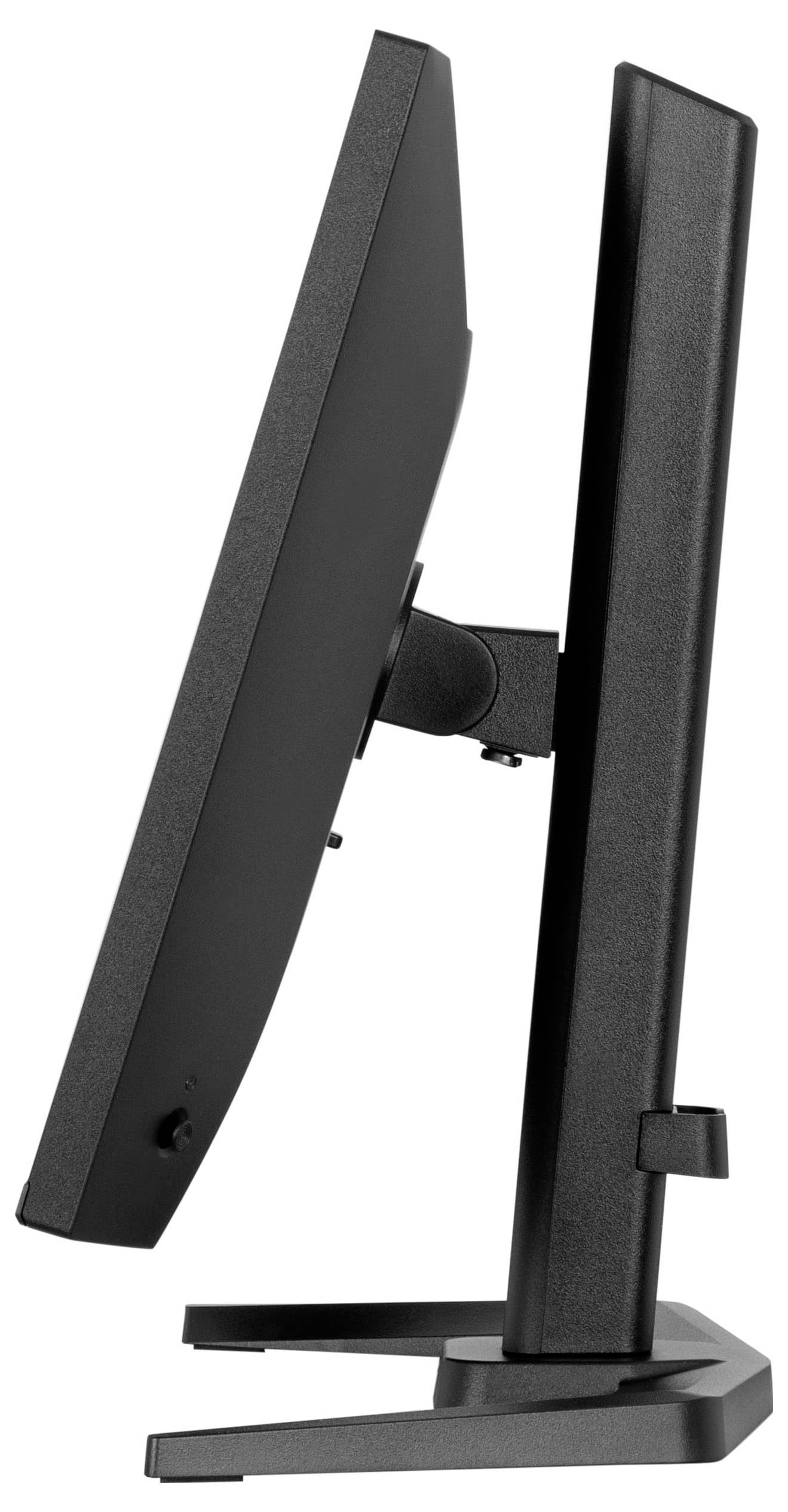 Ein schwarzer Computermonitor, von der Seite gezeigt, der sein dünnes Profil und seinen Ständer hervorhebt.